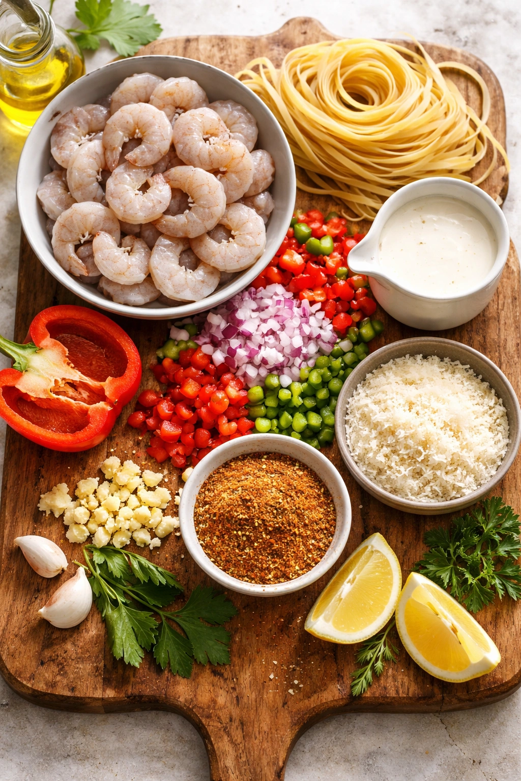 Ingredient lineup for Cajun shrimp pasta