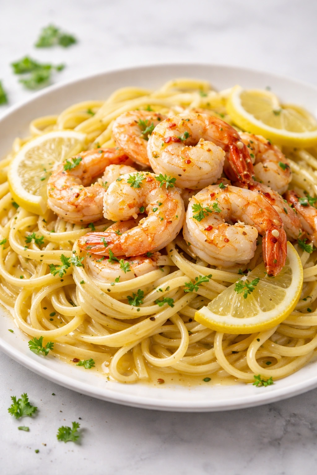 Lemon butter shrimp with linguine pasta in a simple setting.