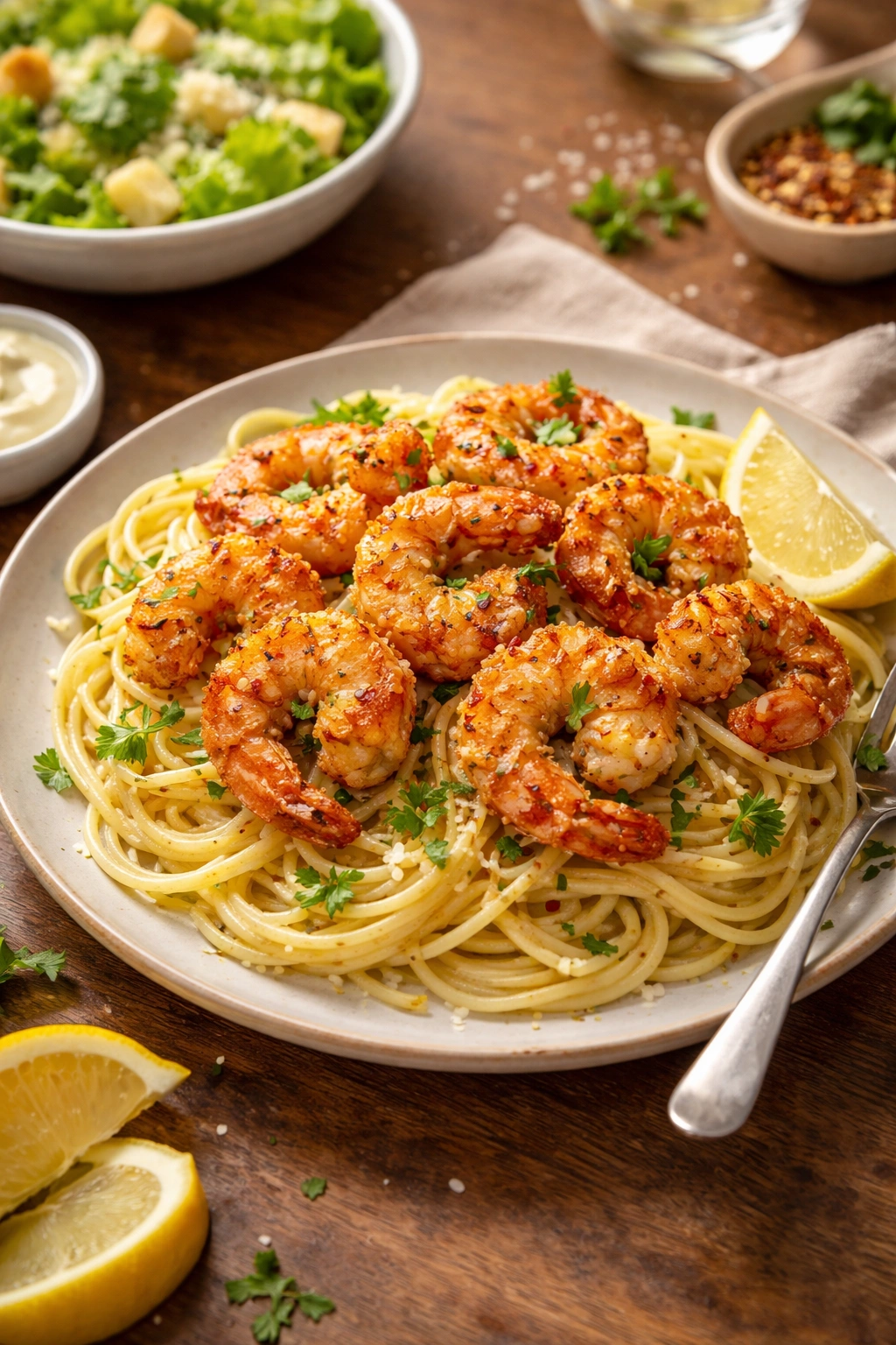 Crispy Parmesan shrimp plated with pasta and lemon.
