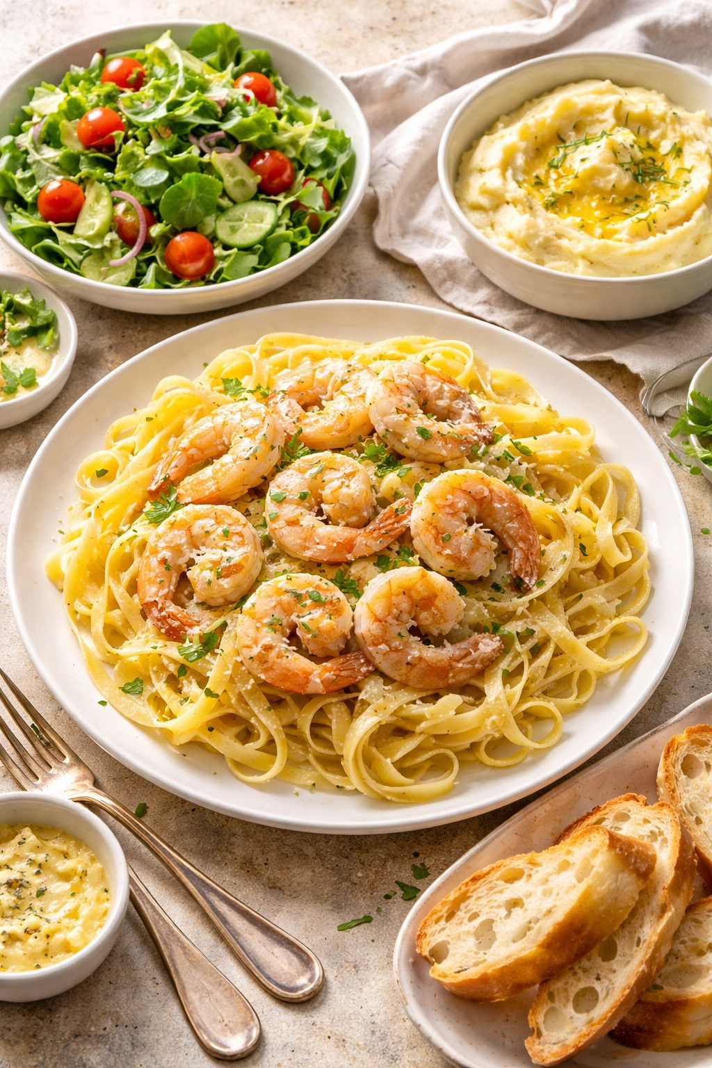 Creamy garlic shrimp over pasta on a plate with bread on the side