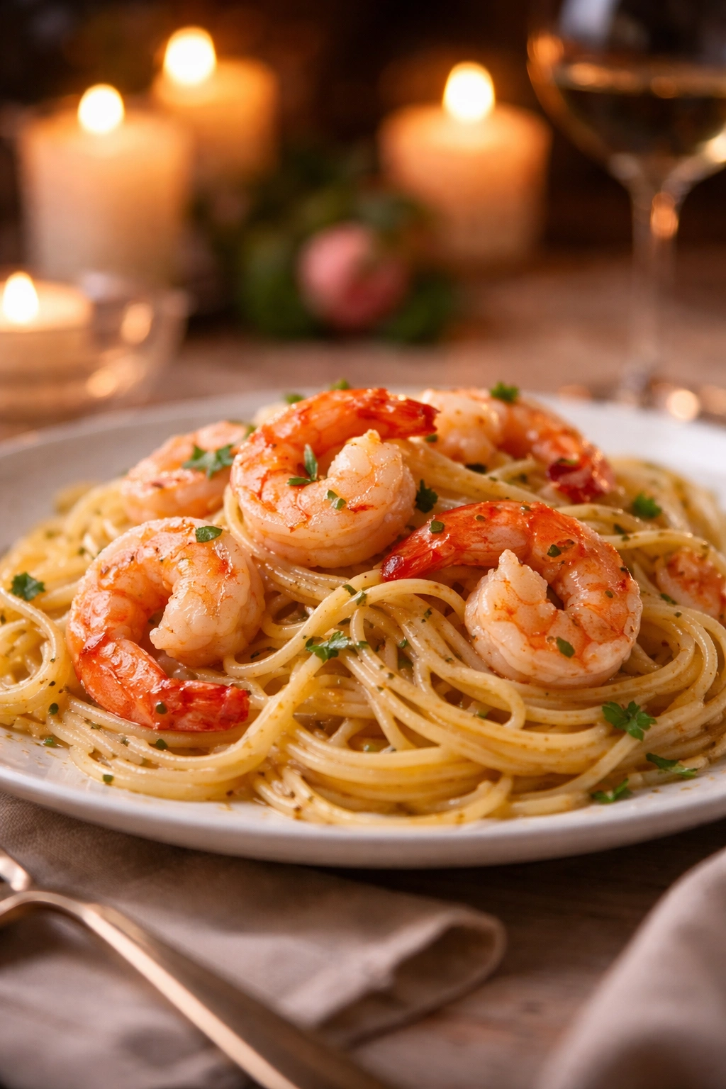 Close-up plate of shrimp pasta in garlic butter sauce on a candlelit table