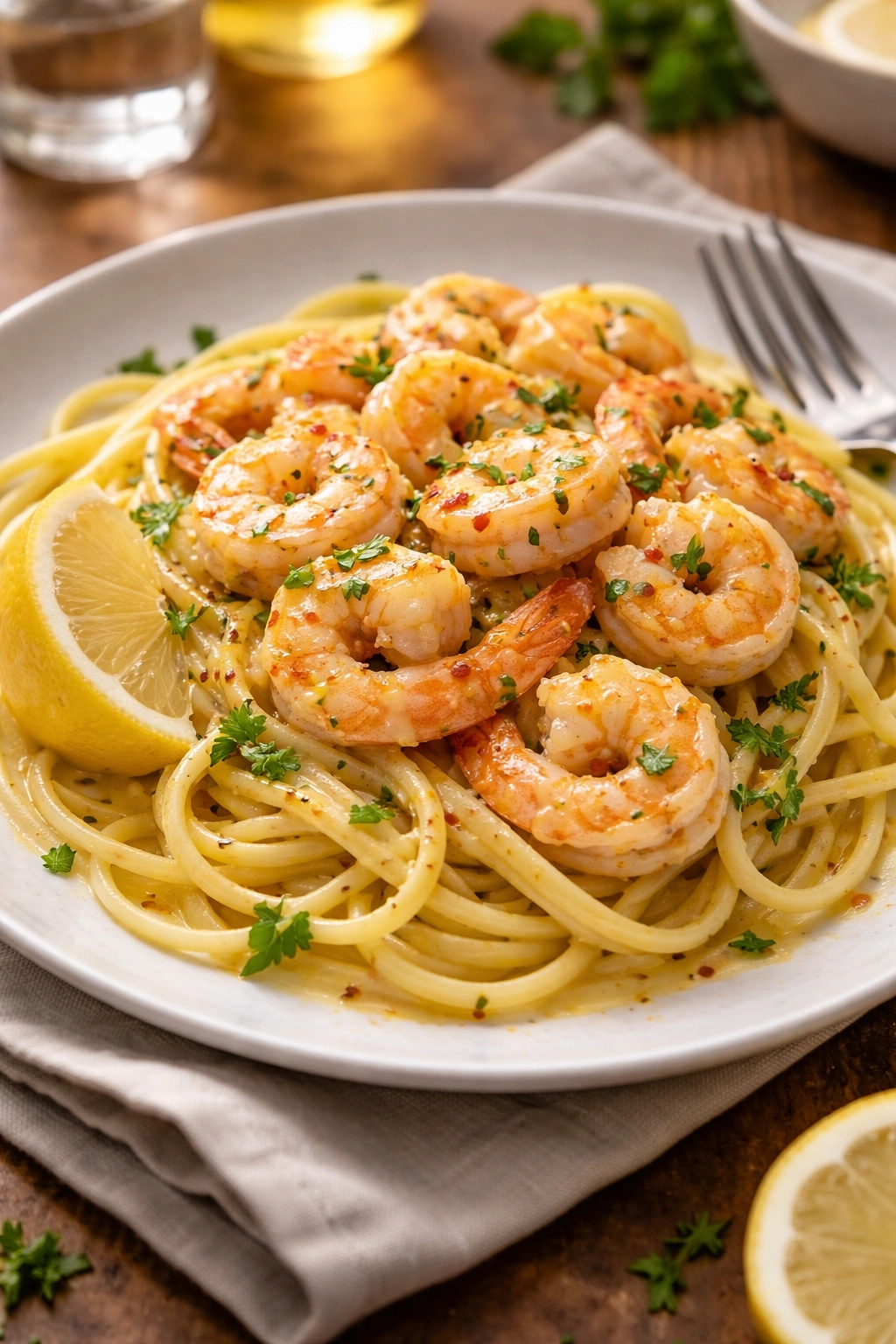 Plated lemon butter shrimp with linguine as serving suggestion.