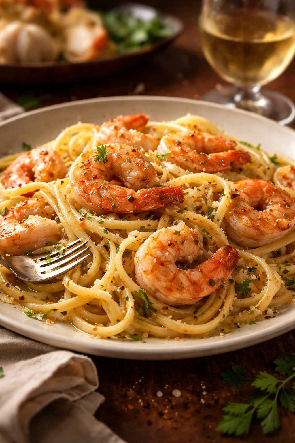Plate of perfectly cooked shrimp pasta with glossy sauce