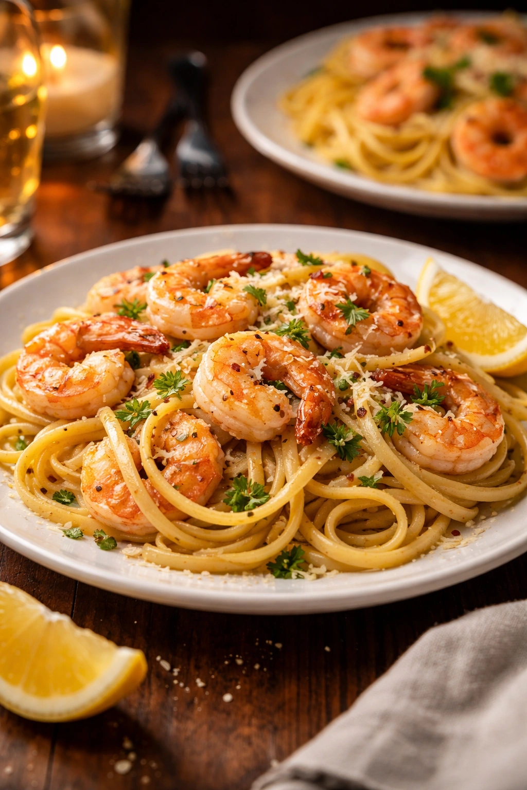 Plate of garlic butter shrimp pasta served for two in warm lighting