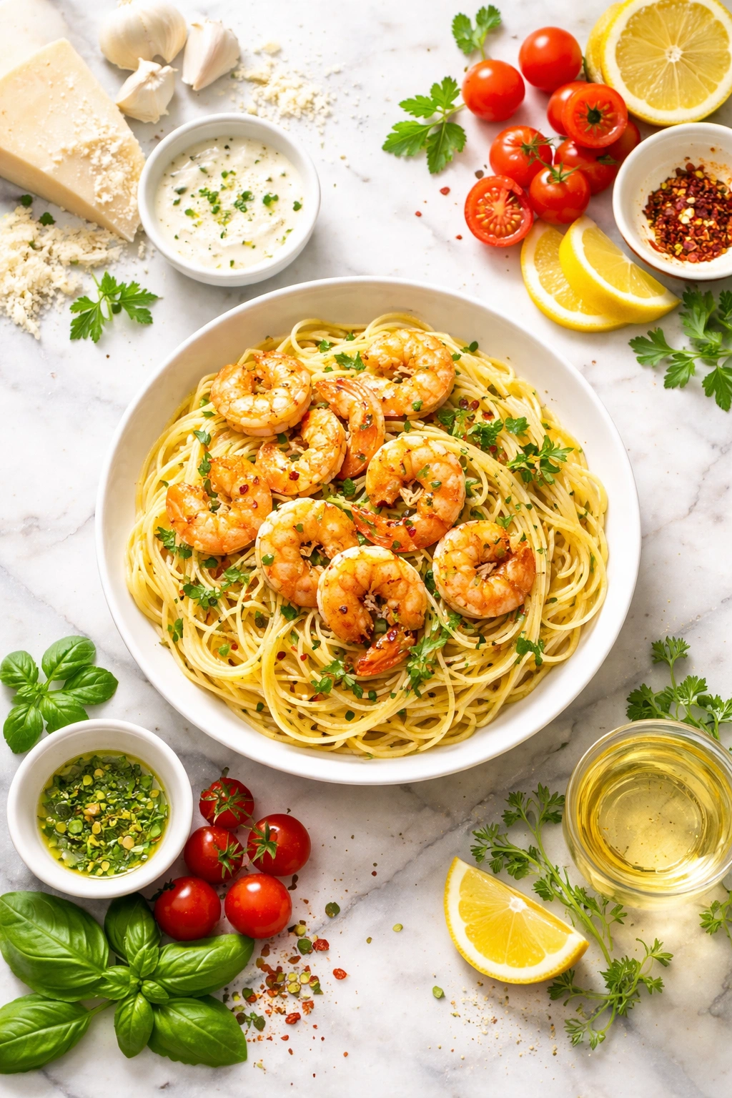 Shrimp pasta plate with visual cues suggesting creamy, lemony, and herb flavors
