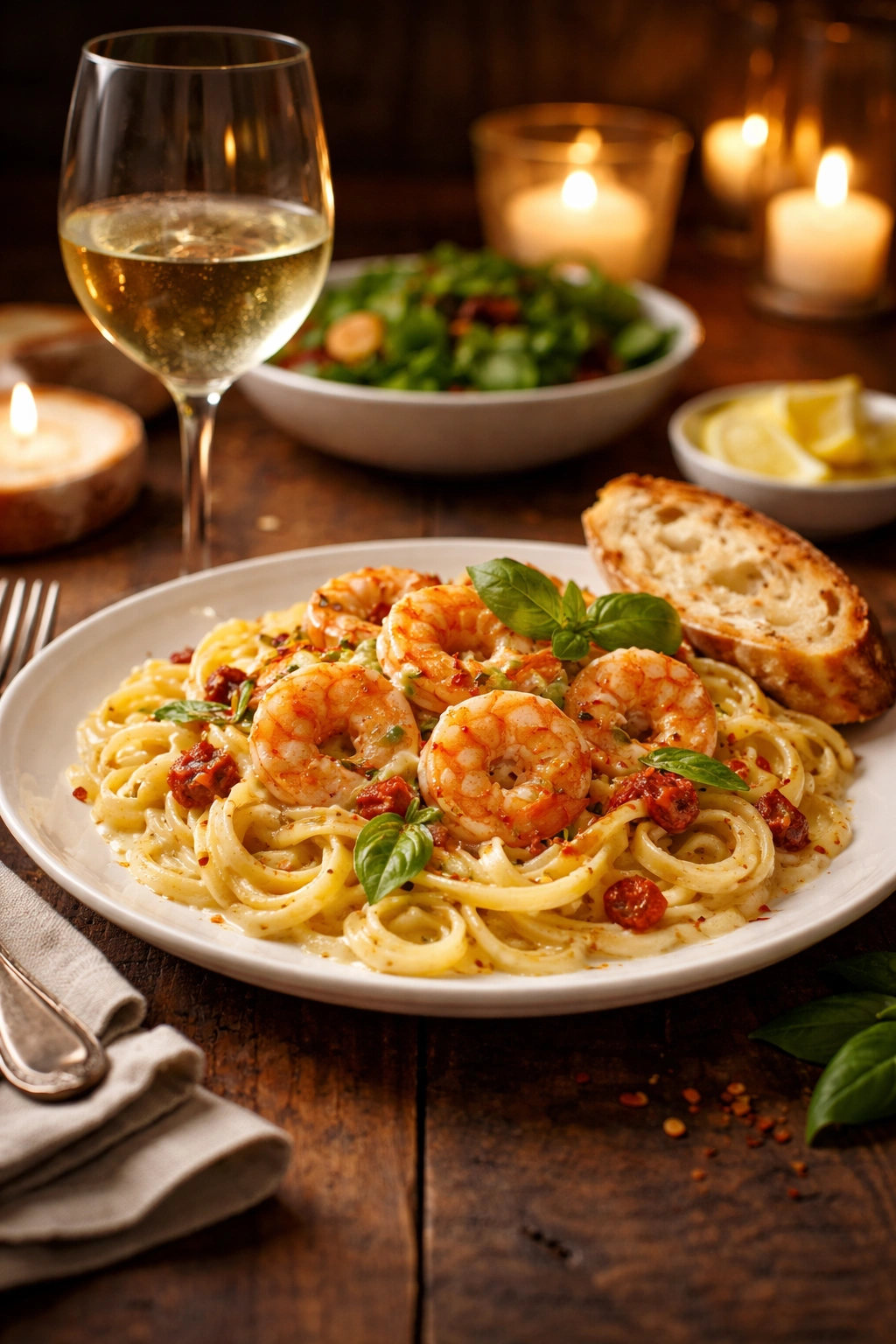 Serving suggestions: shrimp pasta with wine and bread on a rustic table for date-night dining
