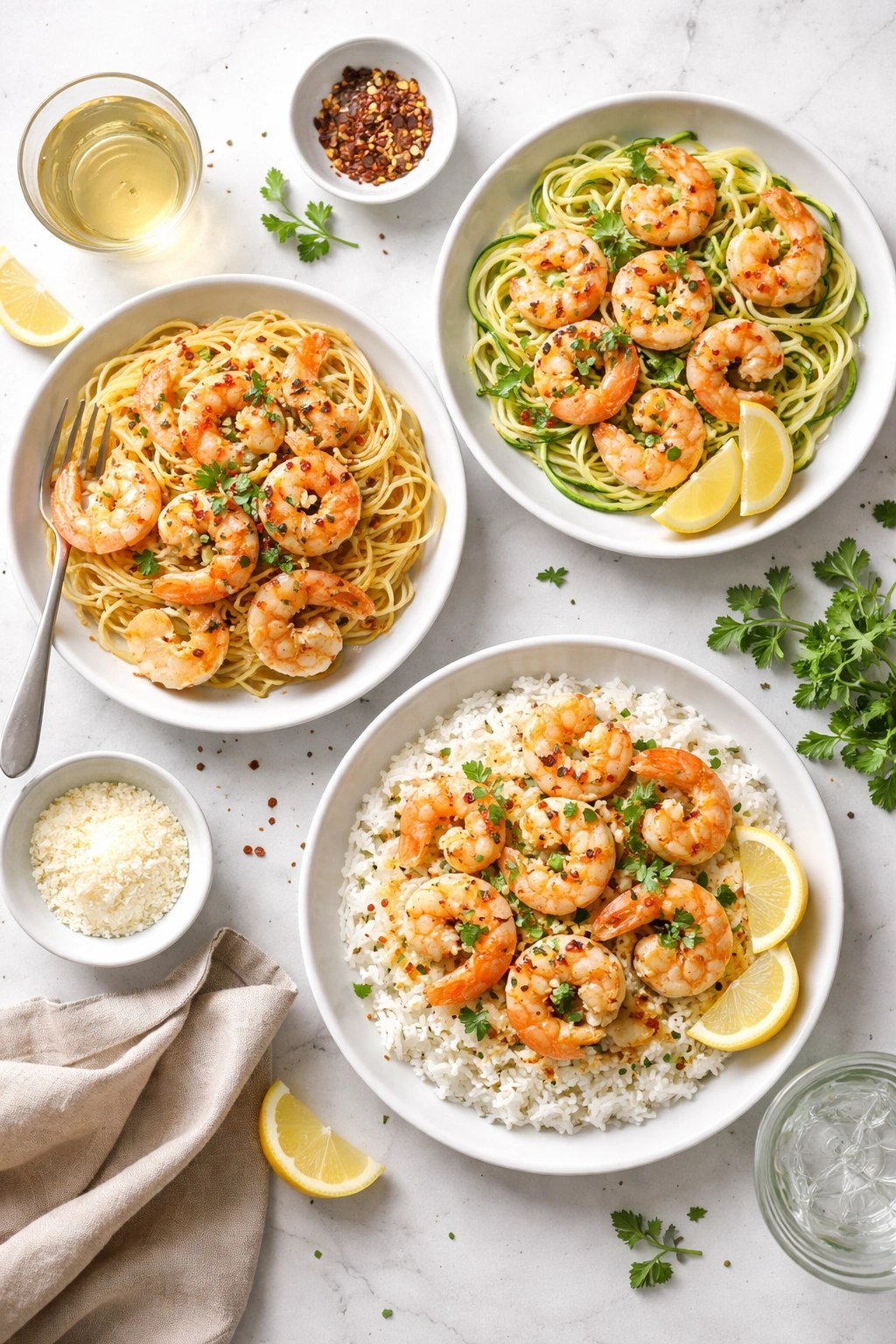 Three serving variations for shrimp scampi: pasta, zucchini noodles, and rice.
