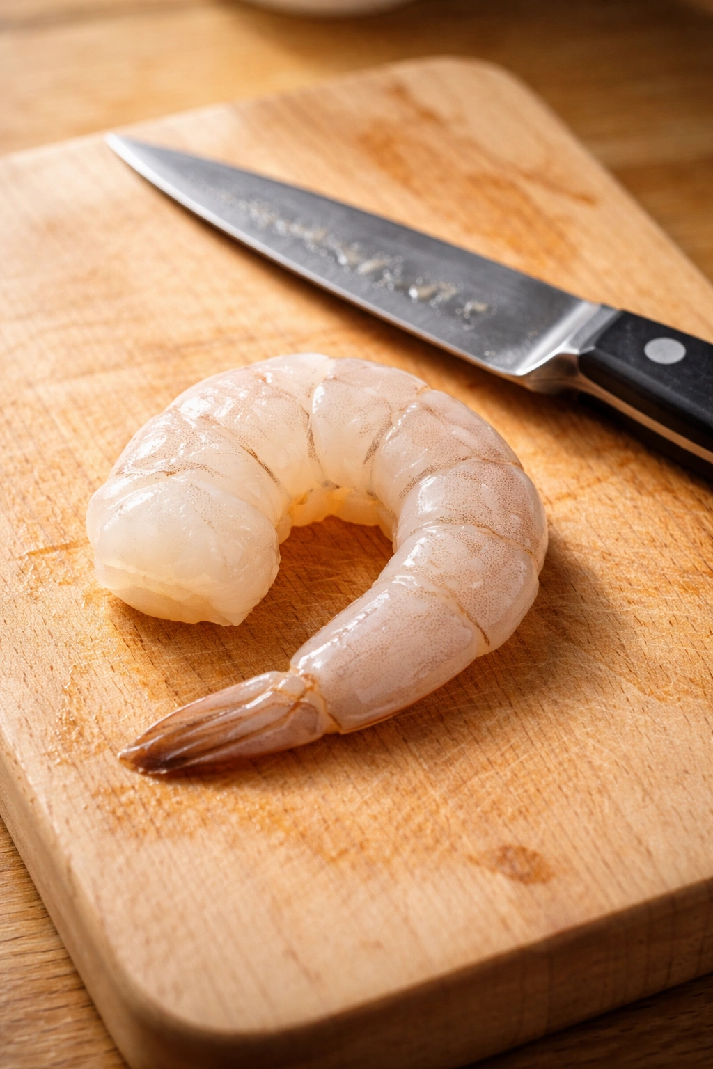 Single peeled shrimp on cutting board ready to prep