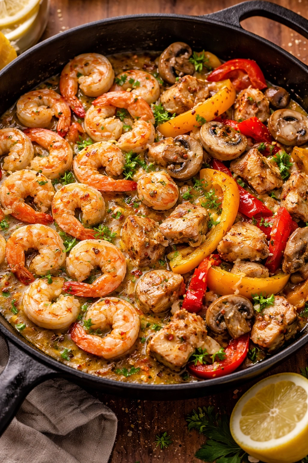 Shrimp and vegetables in lemon garlic butter sauce for variations.