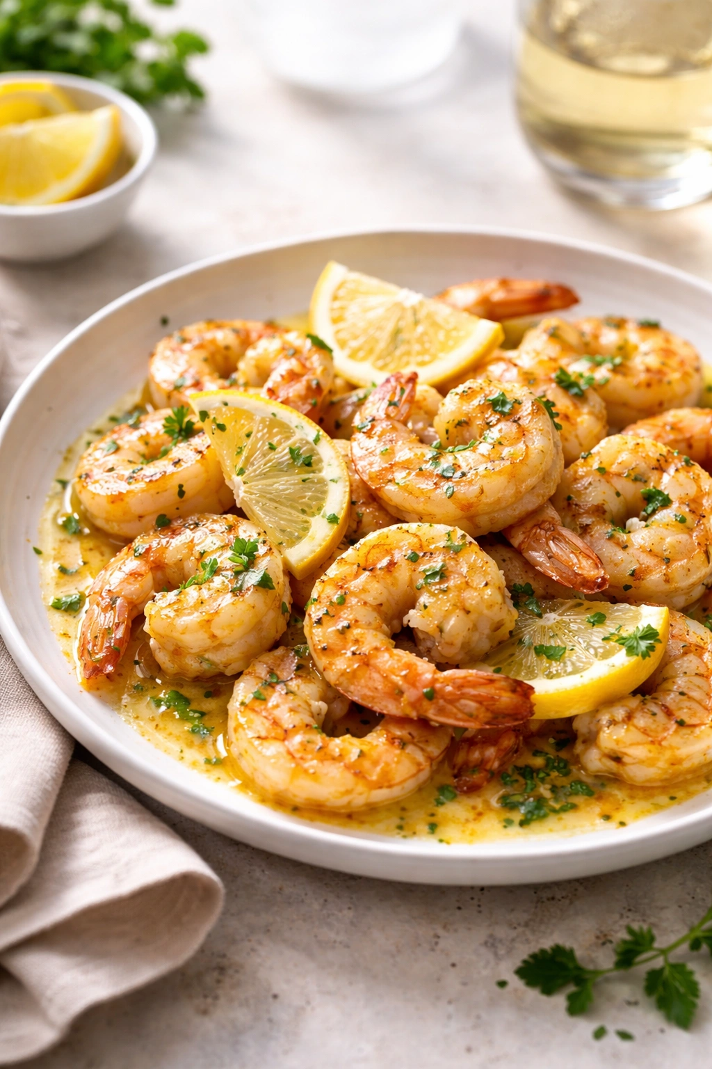 Plated lemon butter shrimp presented as a simple, impressive weeknight dinner.
