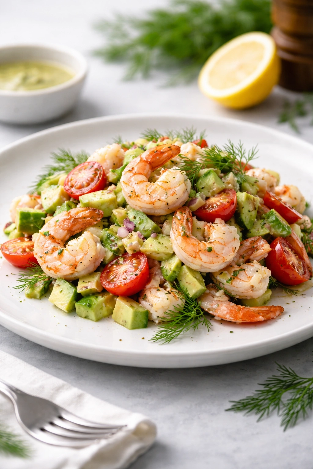 Elegant plated shrimp salad with dill garnish on a pristine white plate