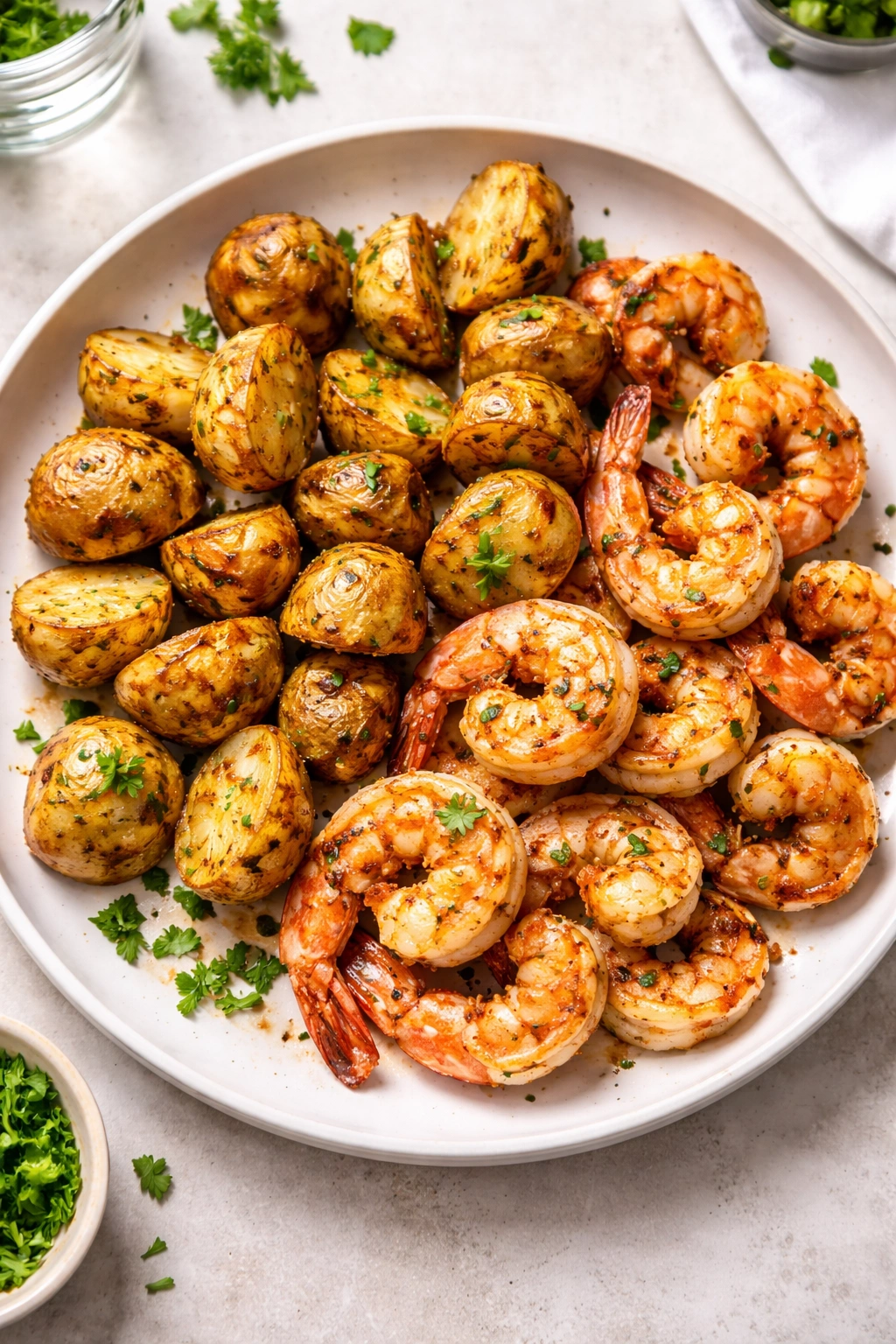Close-up of shrimp and potatoes on a plate