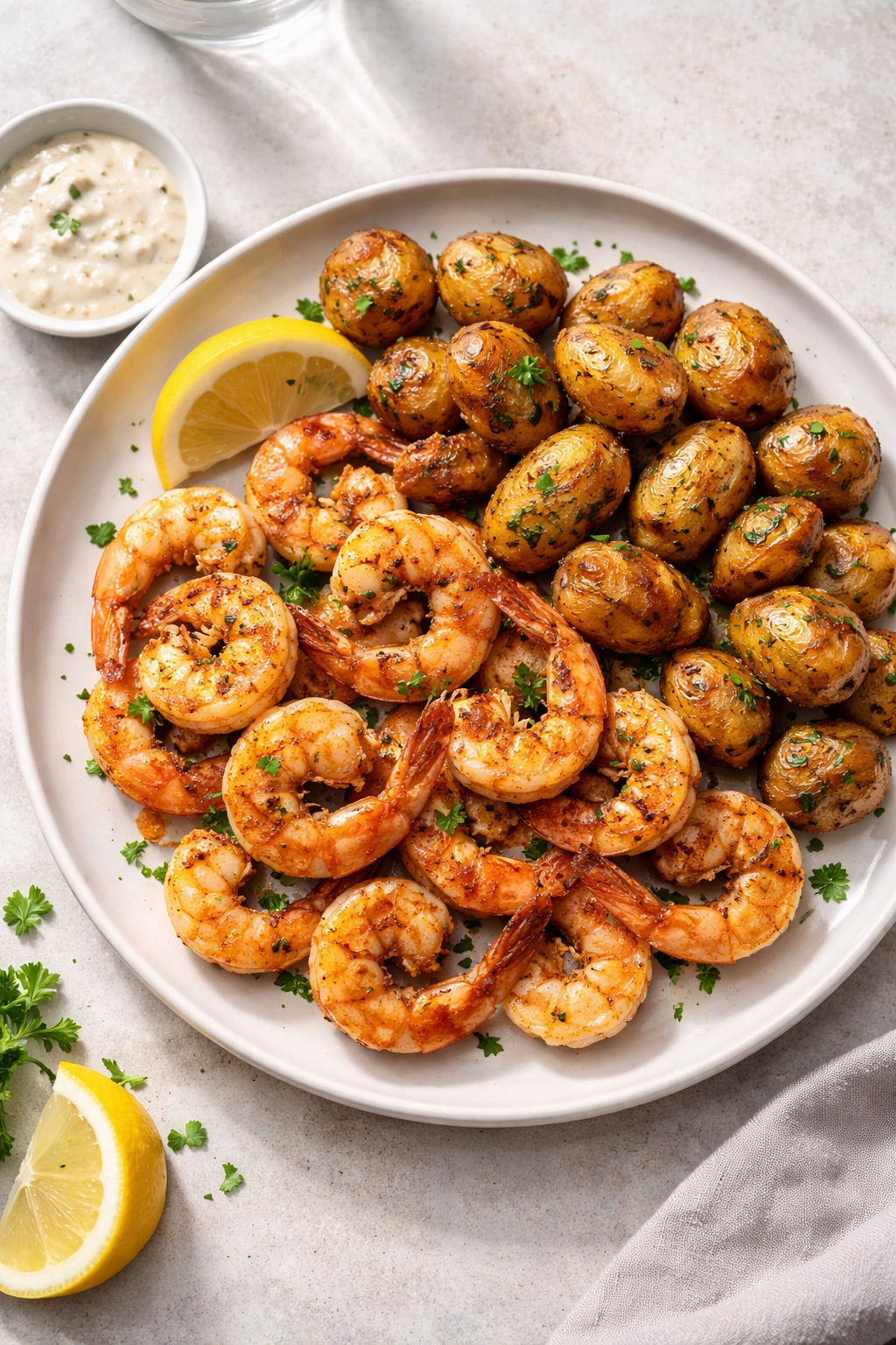 Shrimp and potatoes dinner plated simply