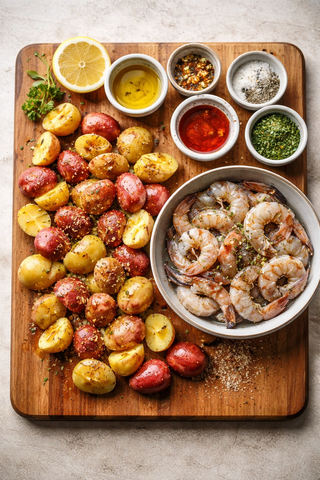 Close-up of potatoes and shrimp with oil and spices on a cutting board