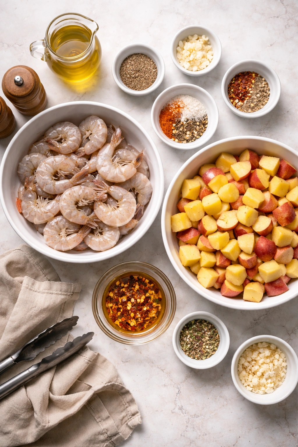 Shrimp and potatoes with seasoning bowls ready for air frying