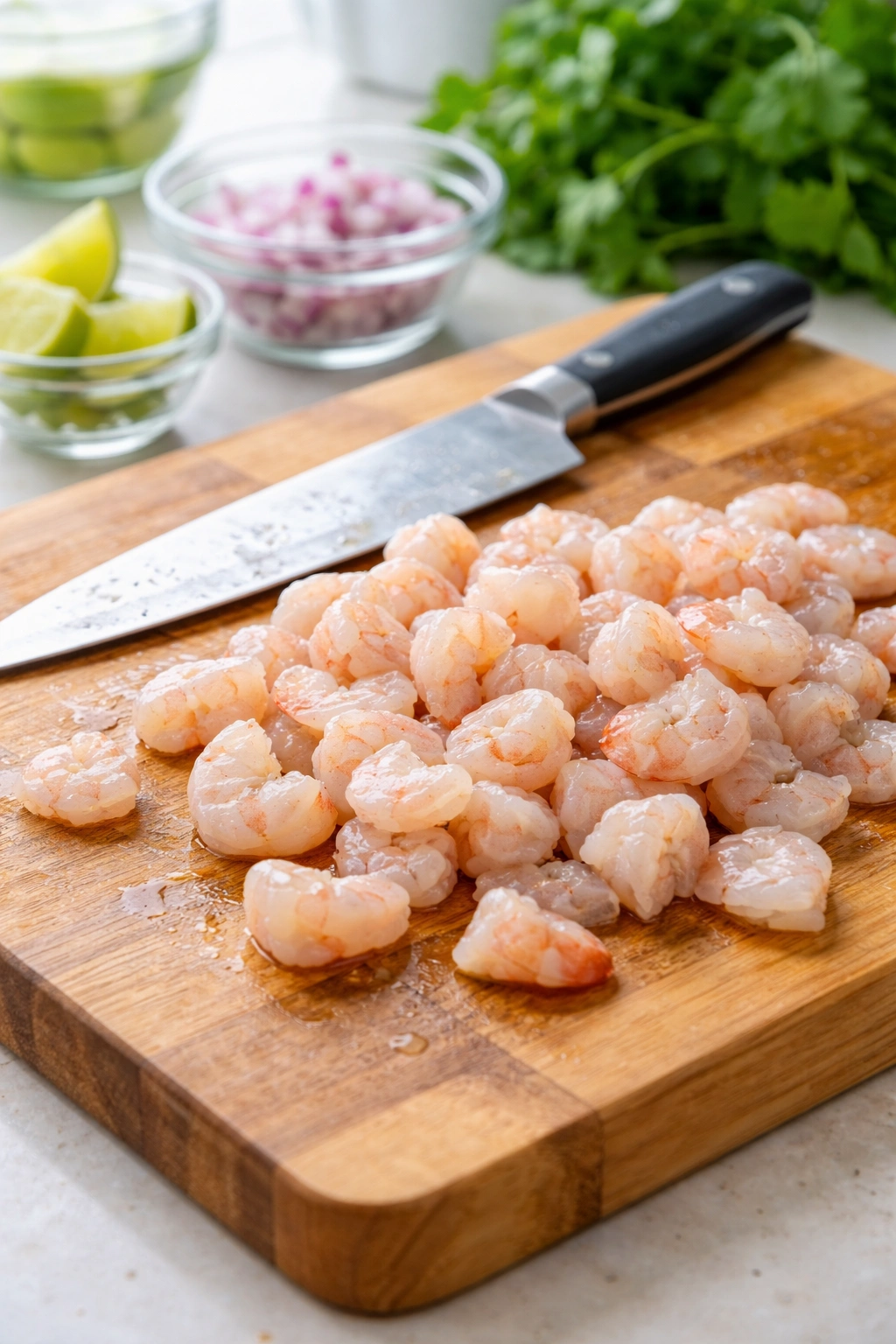 Close-up of bite-sized shrimp on a cutting board, ready for curing