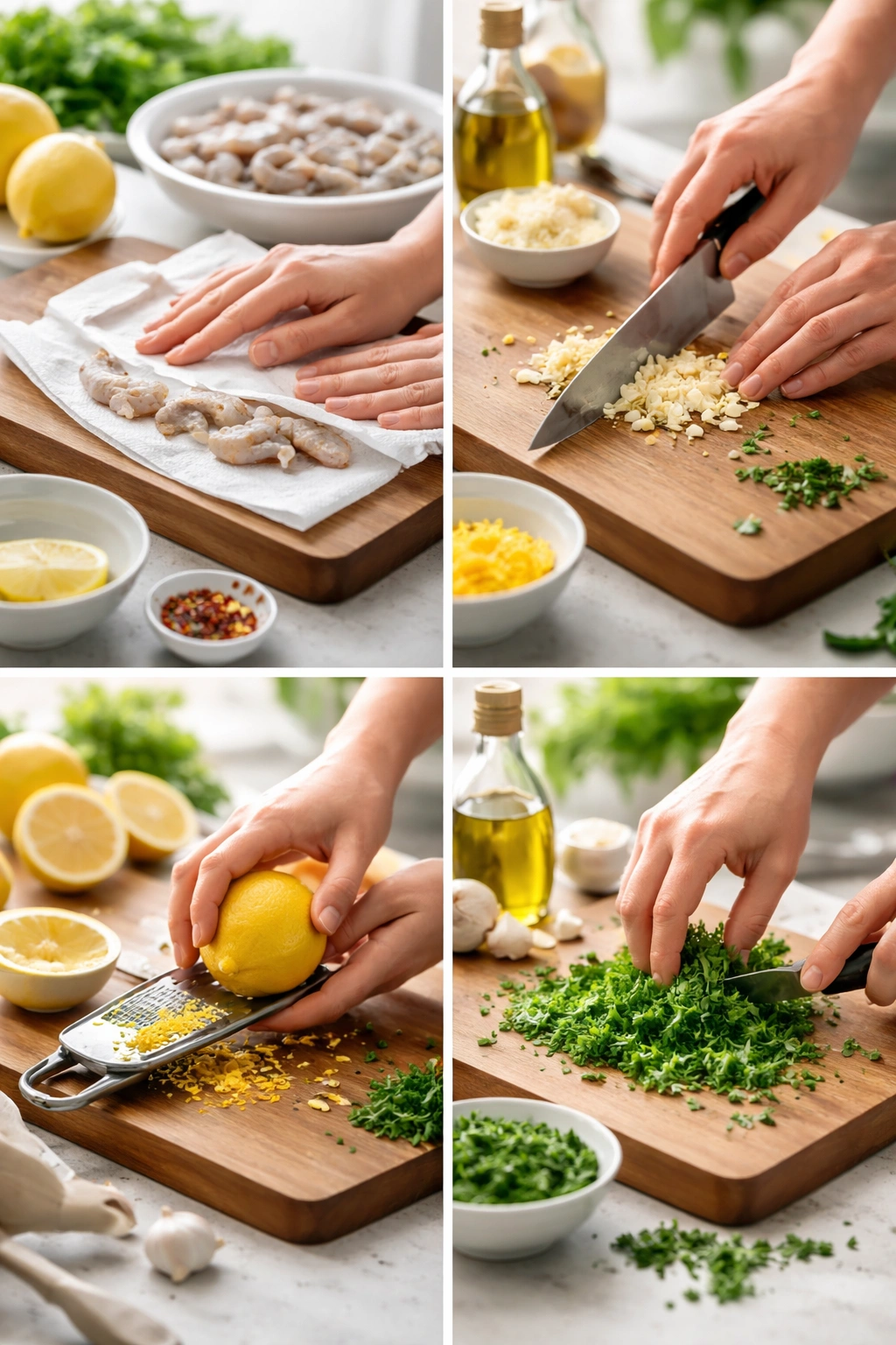Hands preparing shrimp and aromatics for lemon butter shrimp prep.