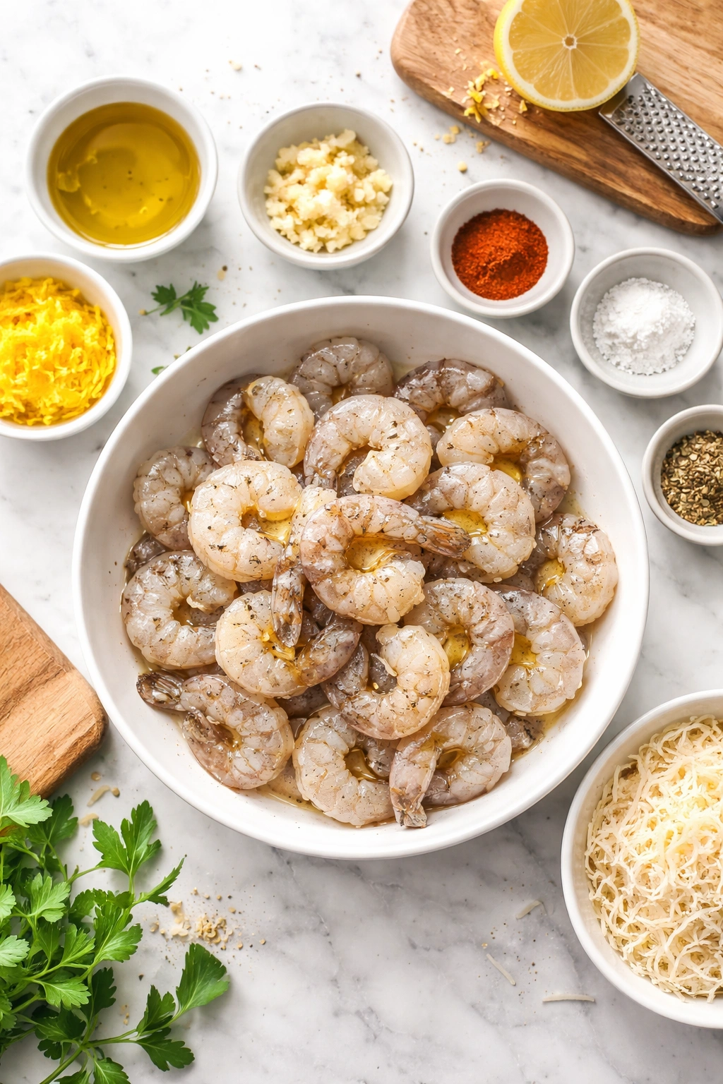 Shrimp prep with oil and seasonings for air fryer shrimp.
