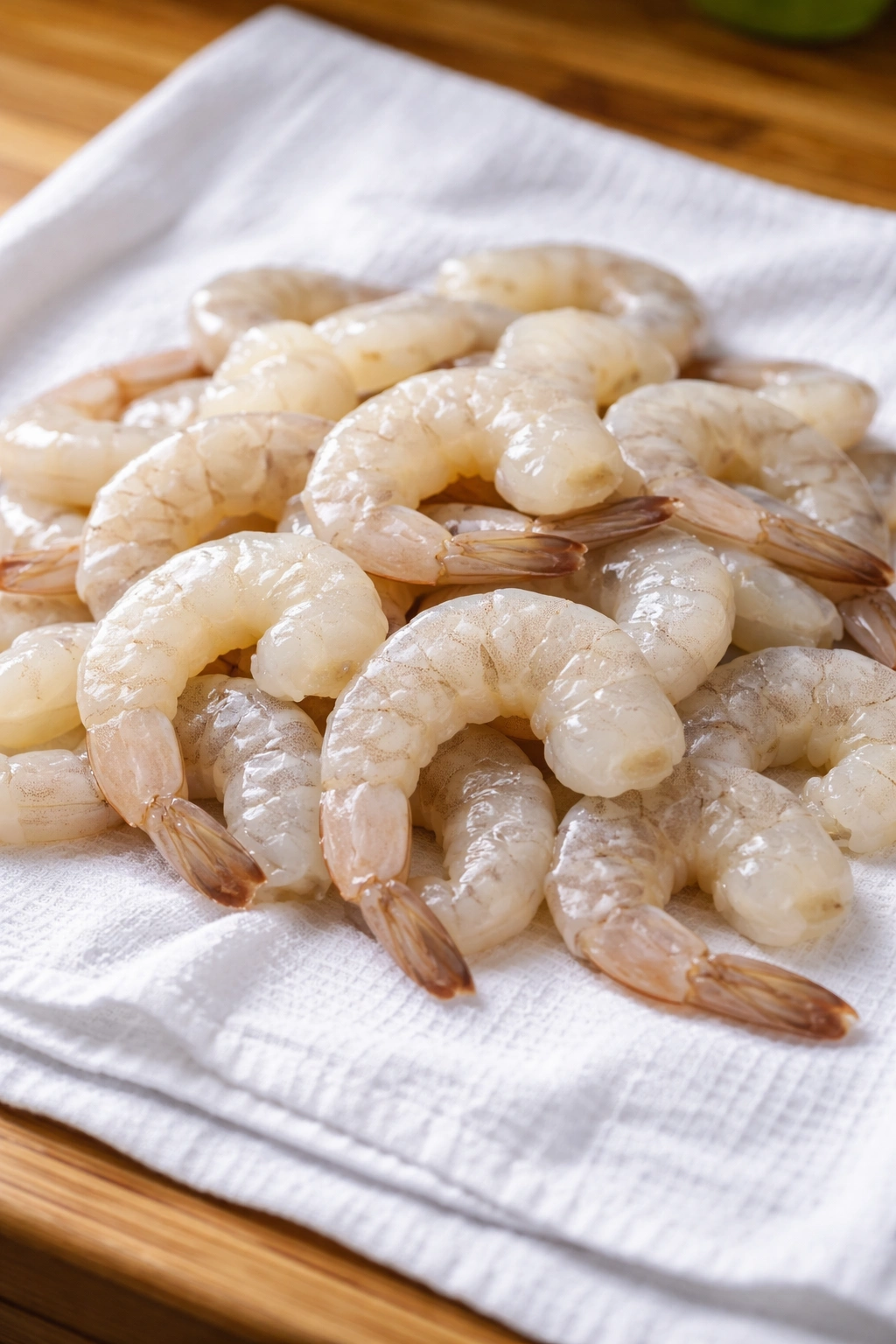 Peeled and deveined shrimp drying on a towel, ready for seasoning.