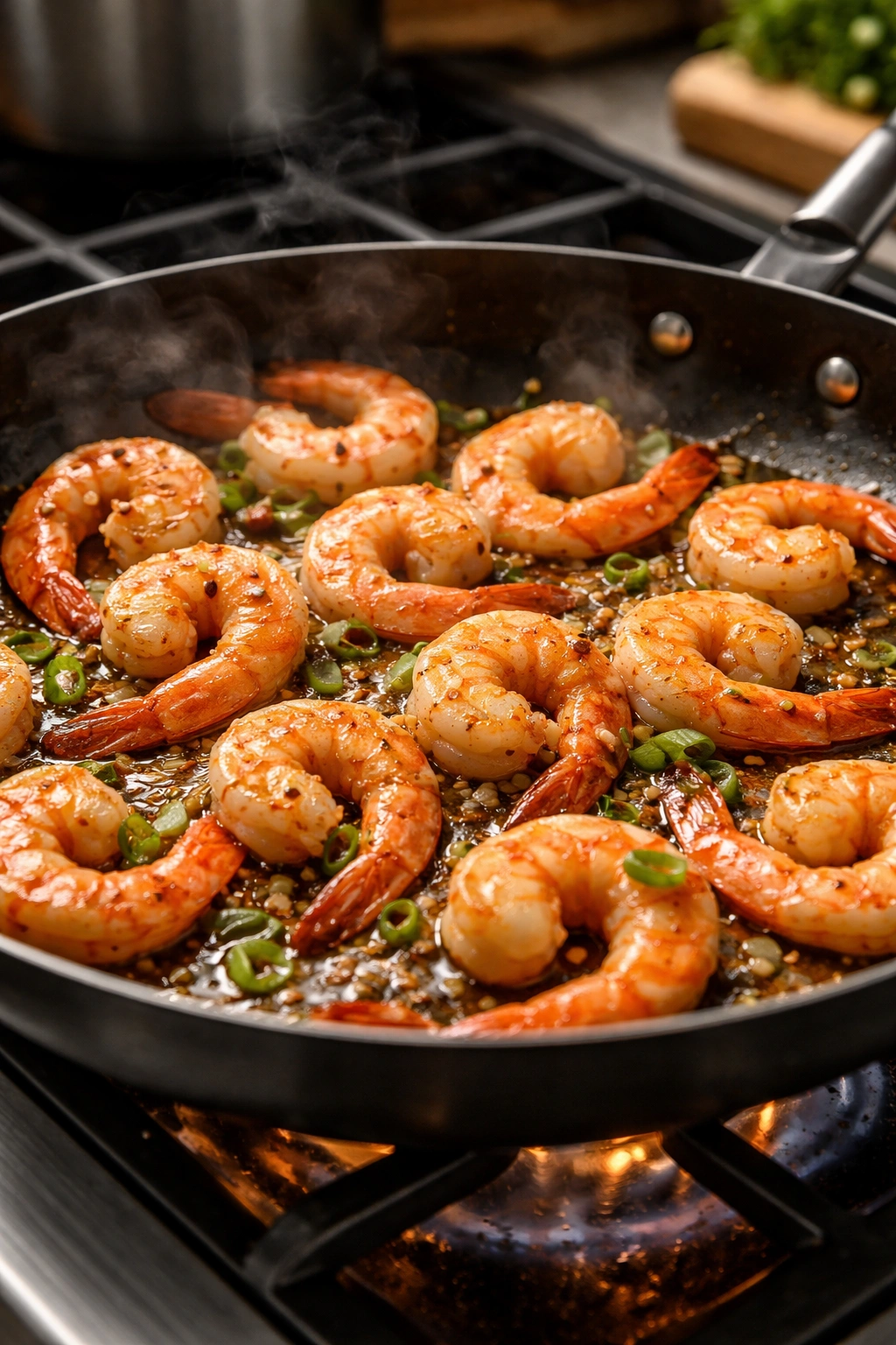 Close-up of plump pink shrimp browning in a hot skillet
