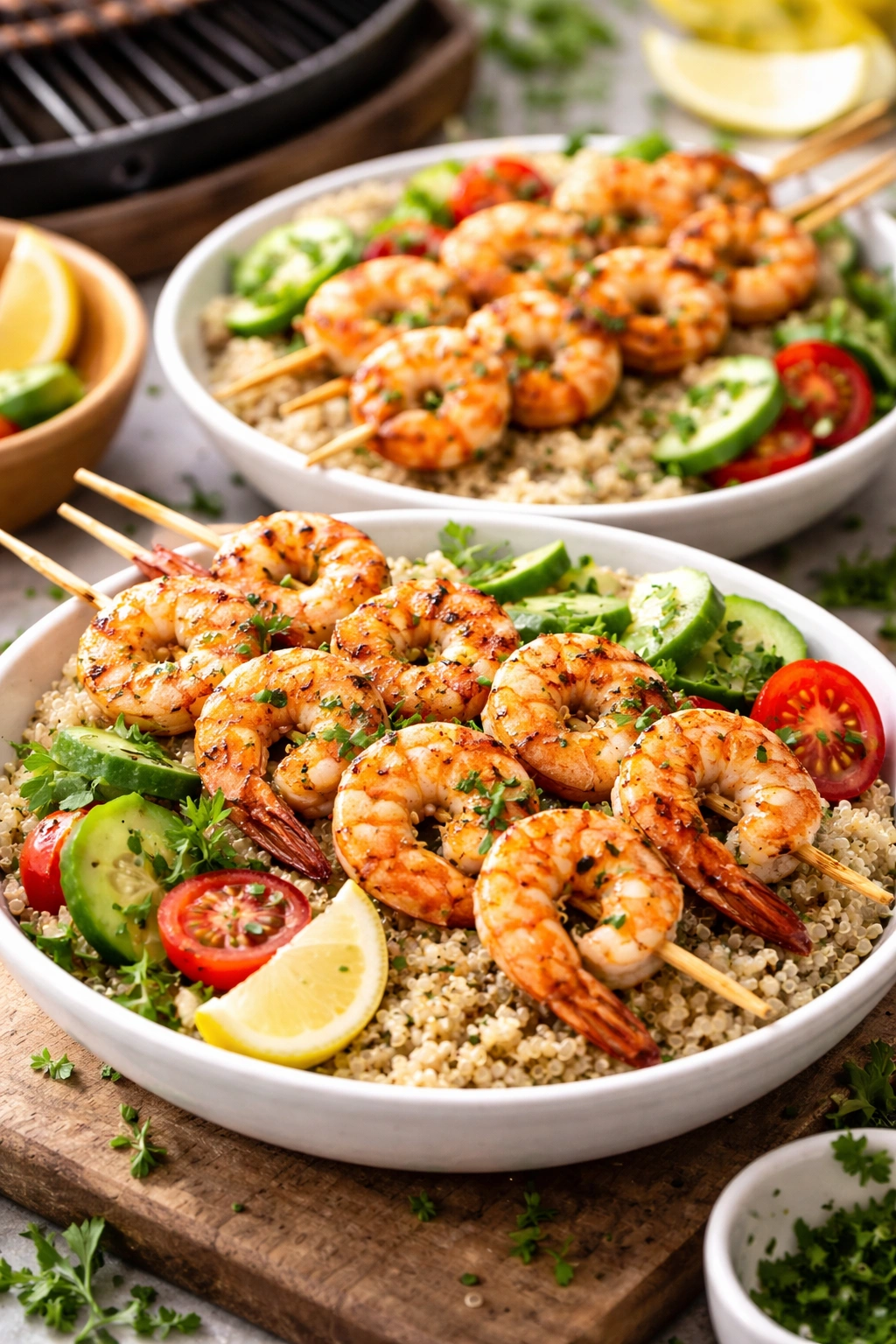 Grilled shrimp skewers with quinoa bowl and vegetables on plate