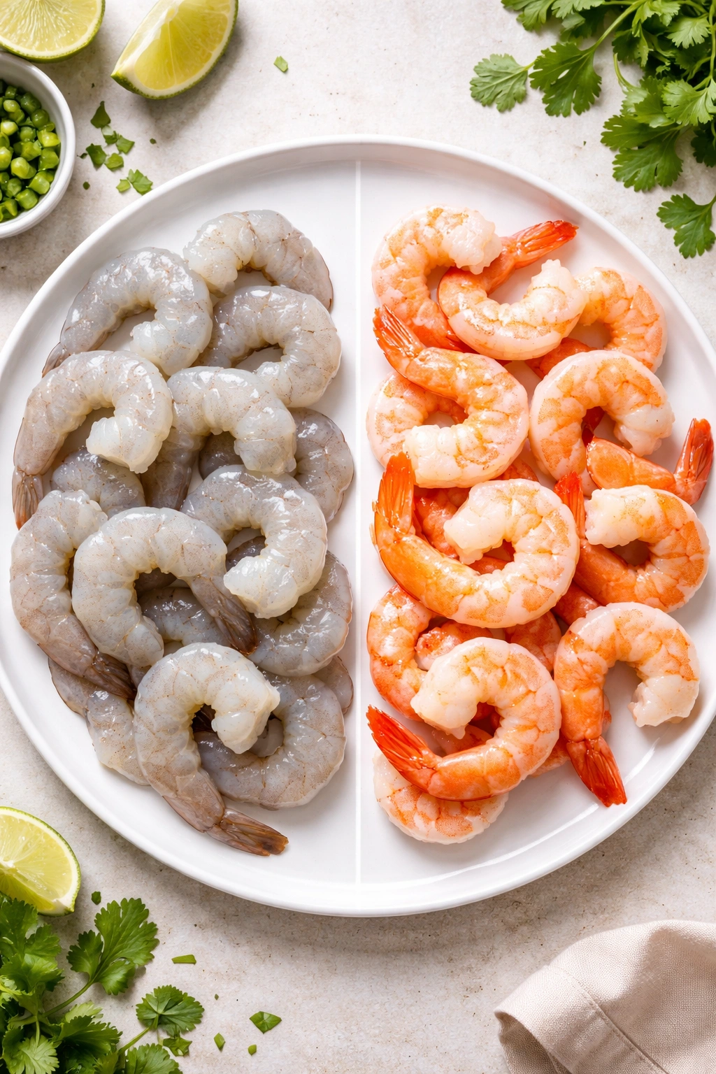 Side-by-side raw and cooked shrimp showing color difference