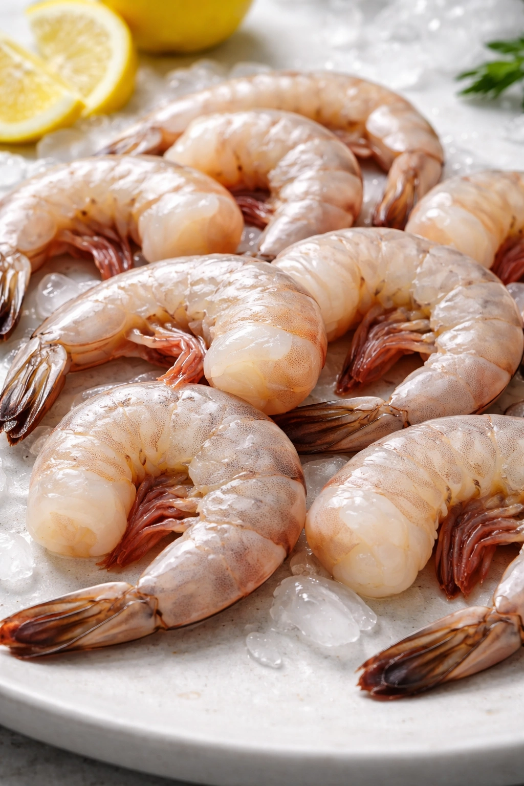 Raw jumbo shrimp on a neutral surface