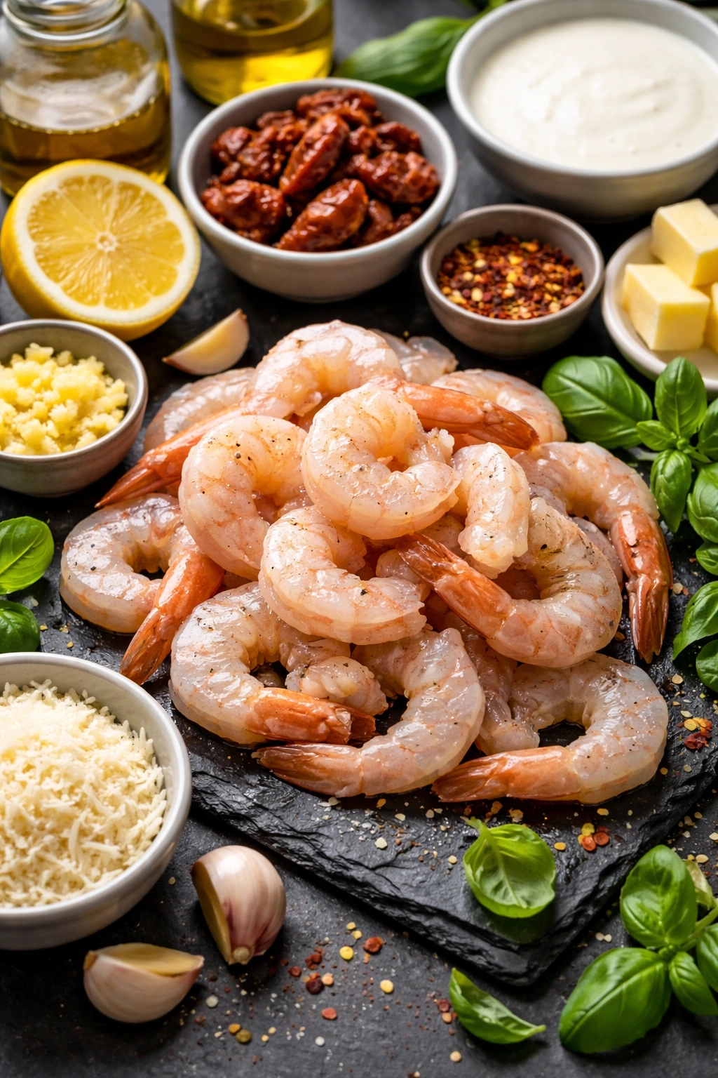 Raw large shrimp peeled and deveined on dark surface