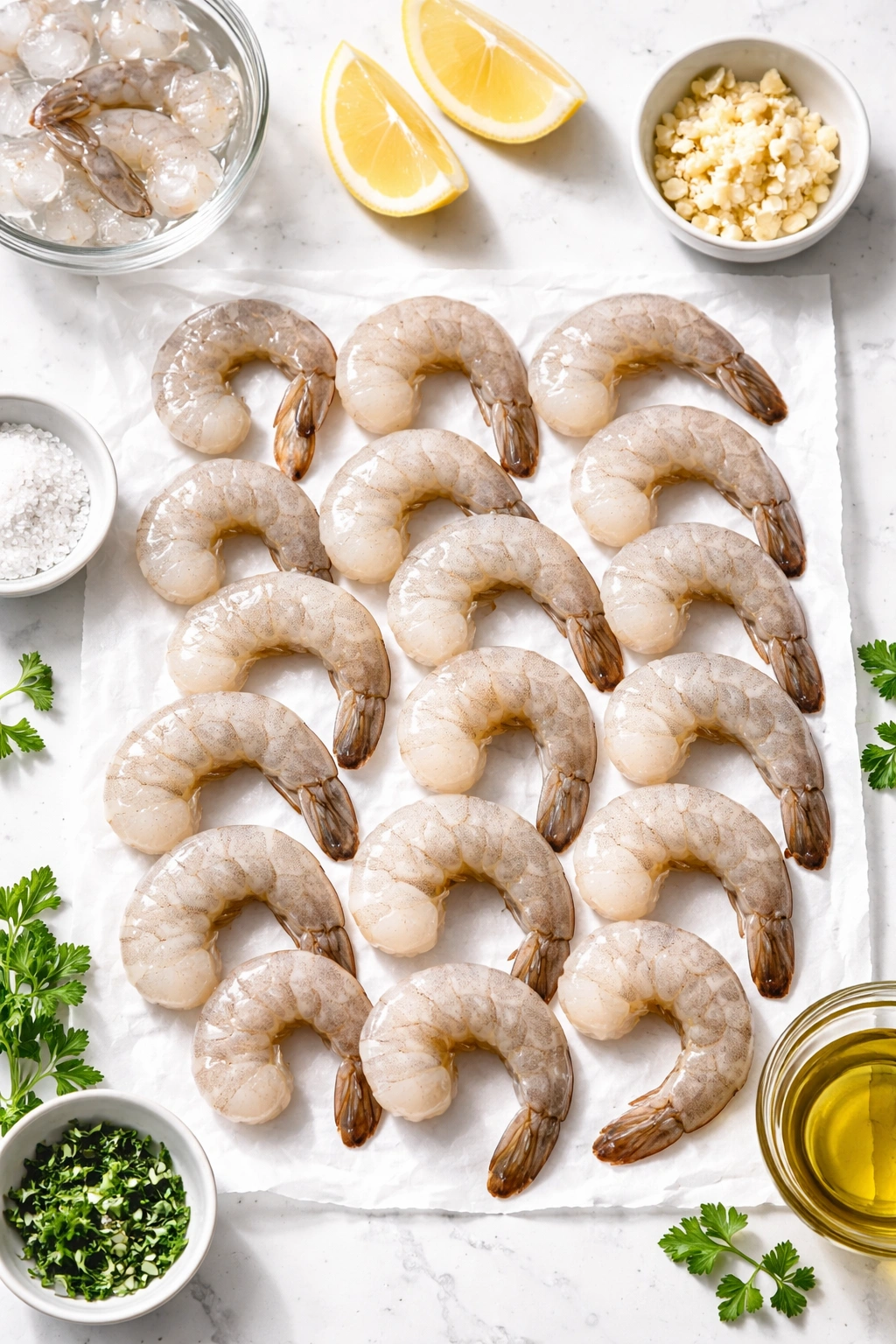 Raw peeled deveined shrimp arranged on surface