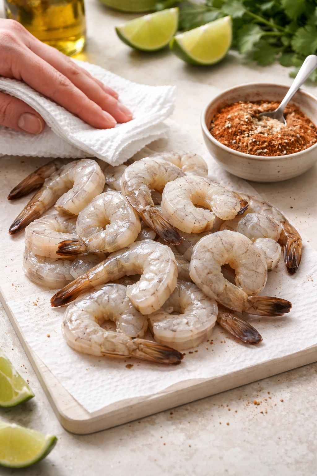 Raw shrimp with paper towels and spice bowl ready for seasoning