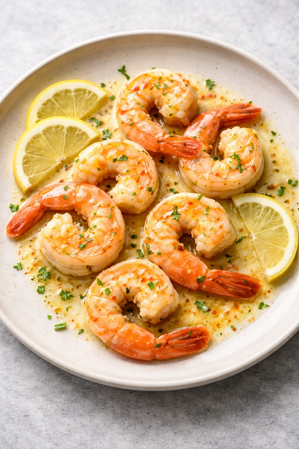 Cooked shrimp with a light glaze on a neutral plate.