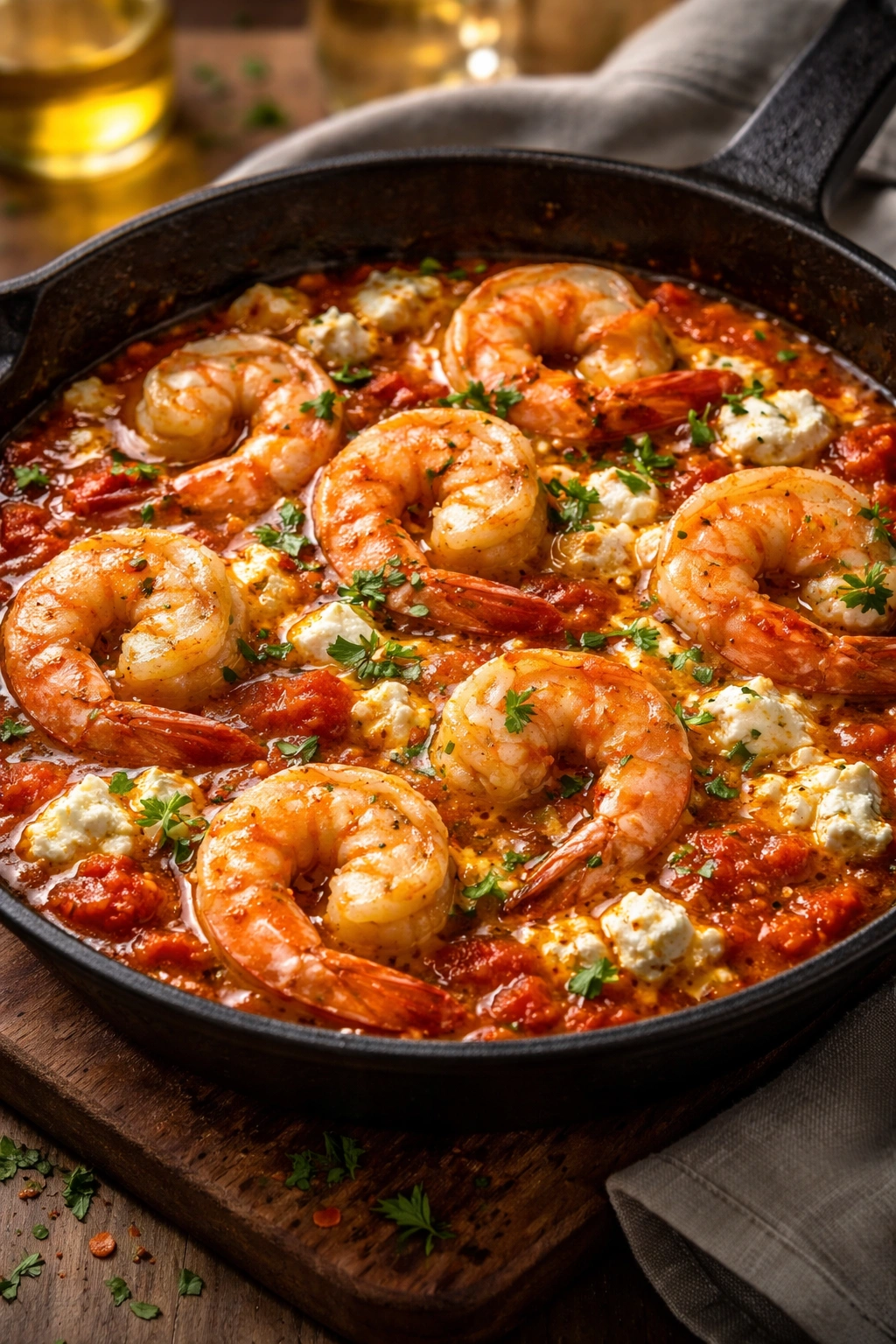 Shrimp saganaki in tomato feta sauce in skillet