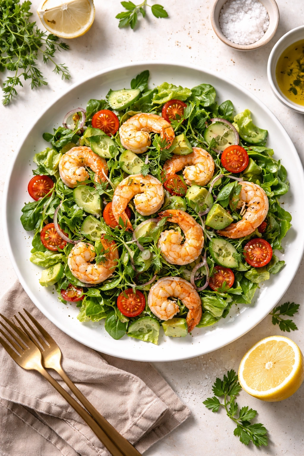 Plate of shrimp salad with herbs on a neutral background