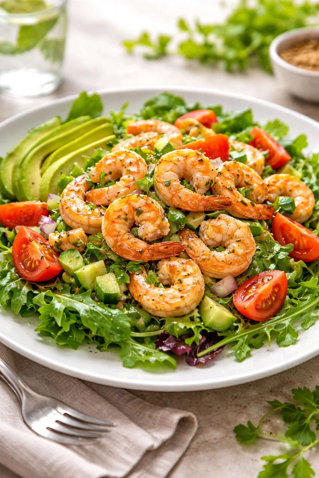 Shrimp salad plated with greens, avocado, and tomato slices
