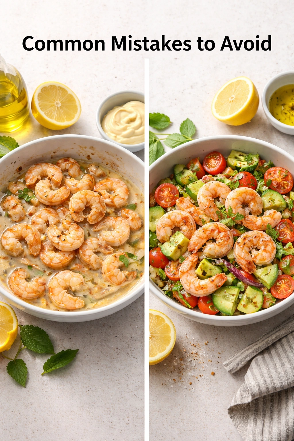 Split view of common shrimp salad mistakes vs proper preparation
