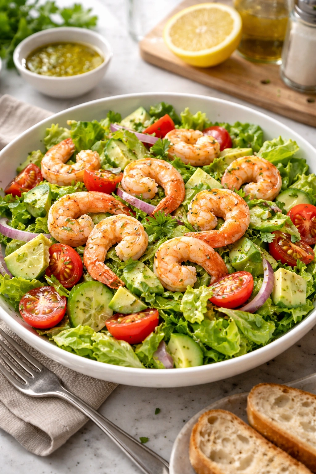 Close-up of shrimp salad in a white bowl with shrimp, celery, and herbs, showcasing a fresh, light lunch.