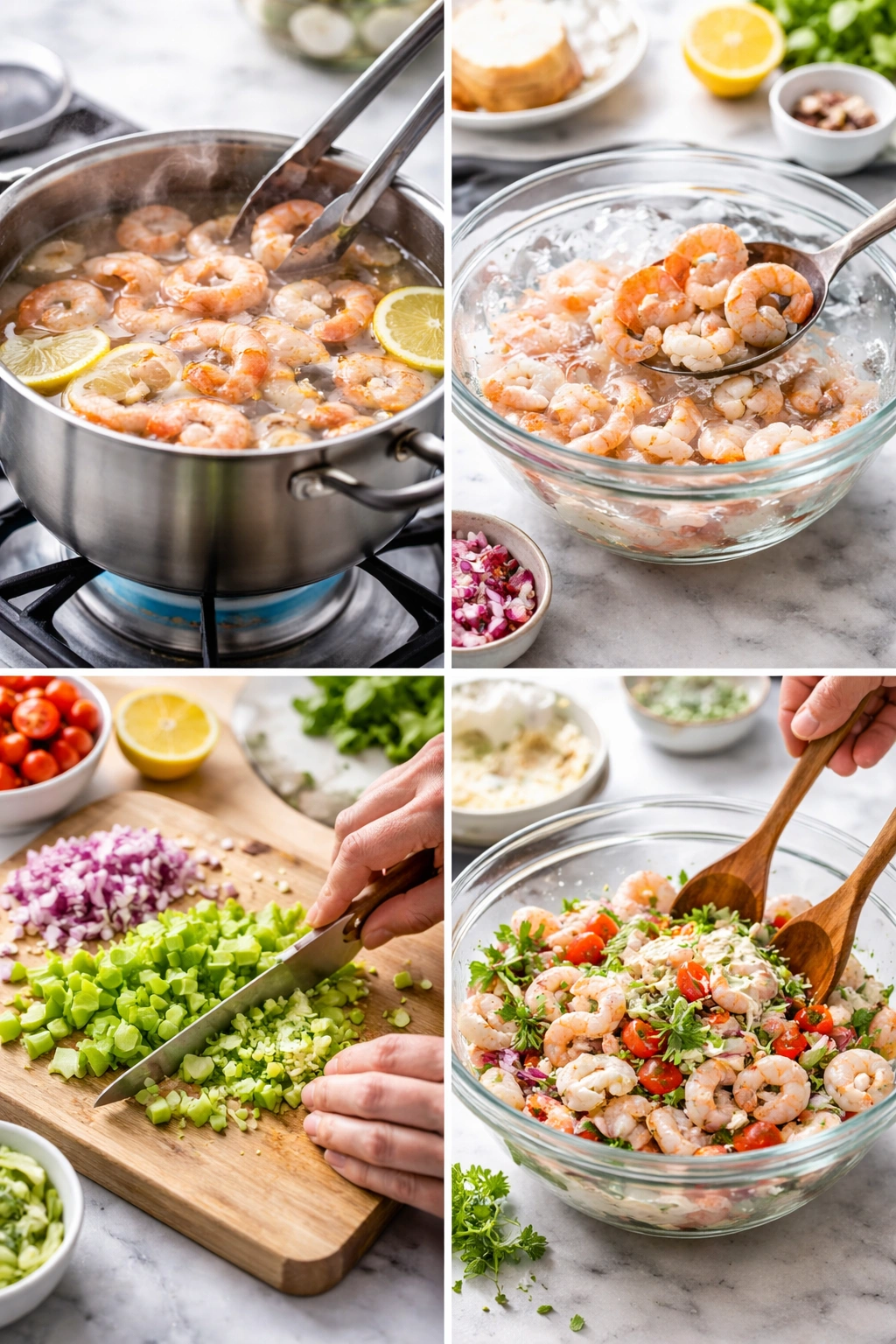 Montage of shrimp salad steps including boiling water, ice bath, chopping vegetables, and mixing with dressing
