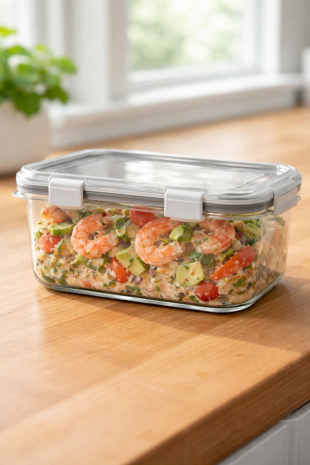Airtight glass container of shrimp salad on a clean wooden counter