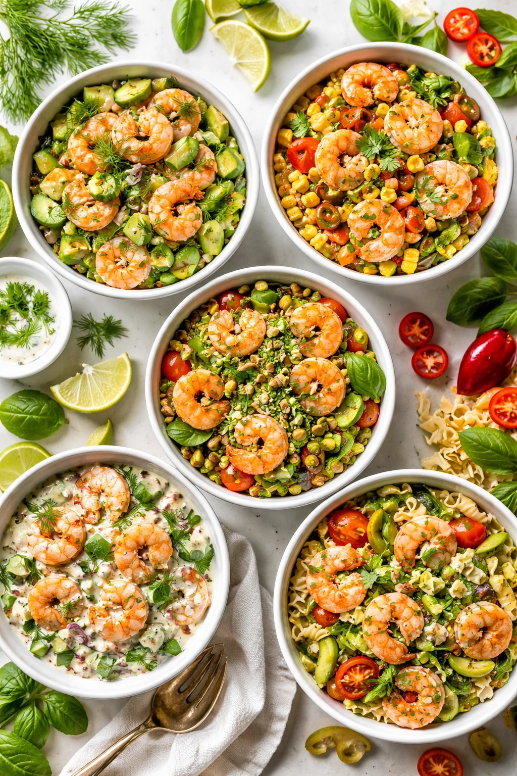 Assorted shrimp salad variations with different mix-ins and dressings