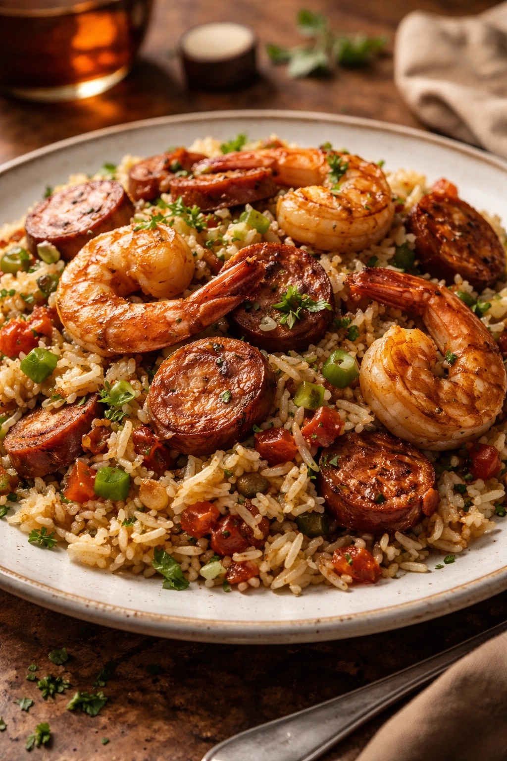 Shrimp and sausage over rice with caramelized crust and vibrant grains.