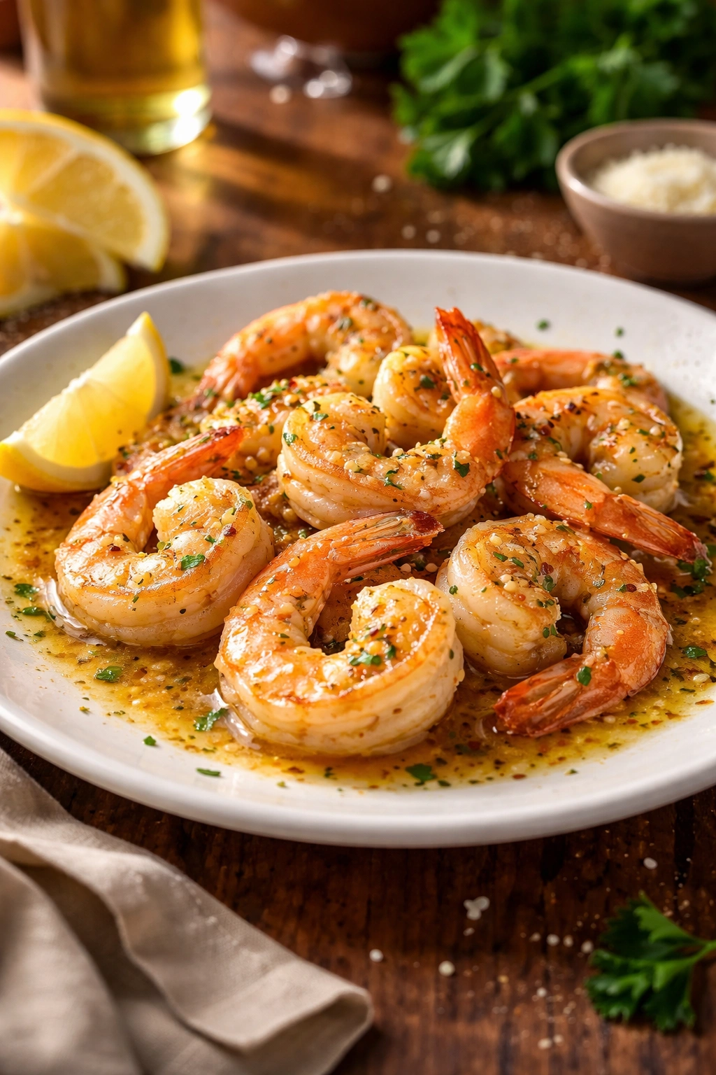 Close-up of shrimp scampi plated in glossy butter garlic sauce