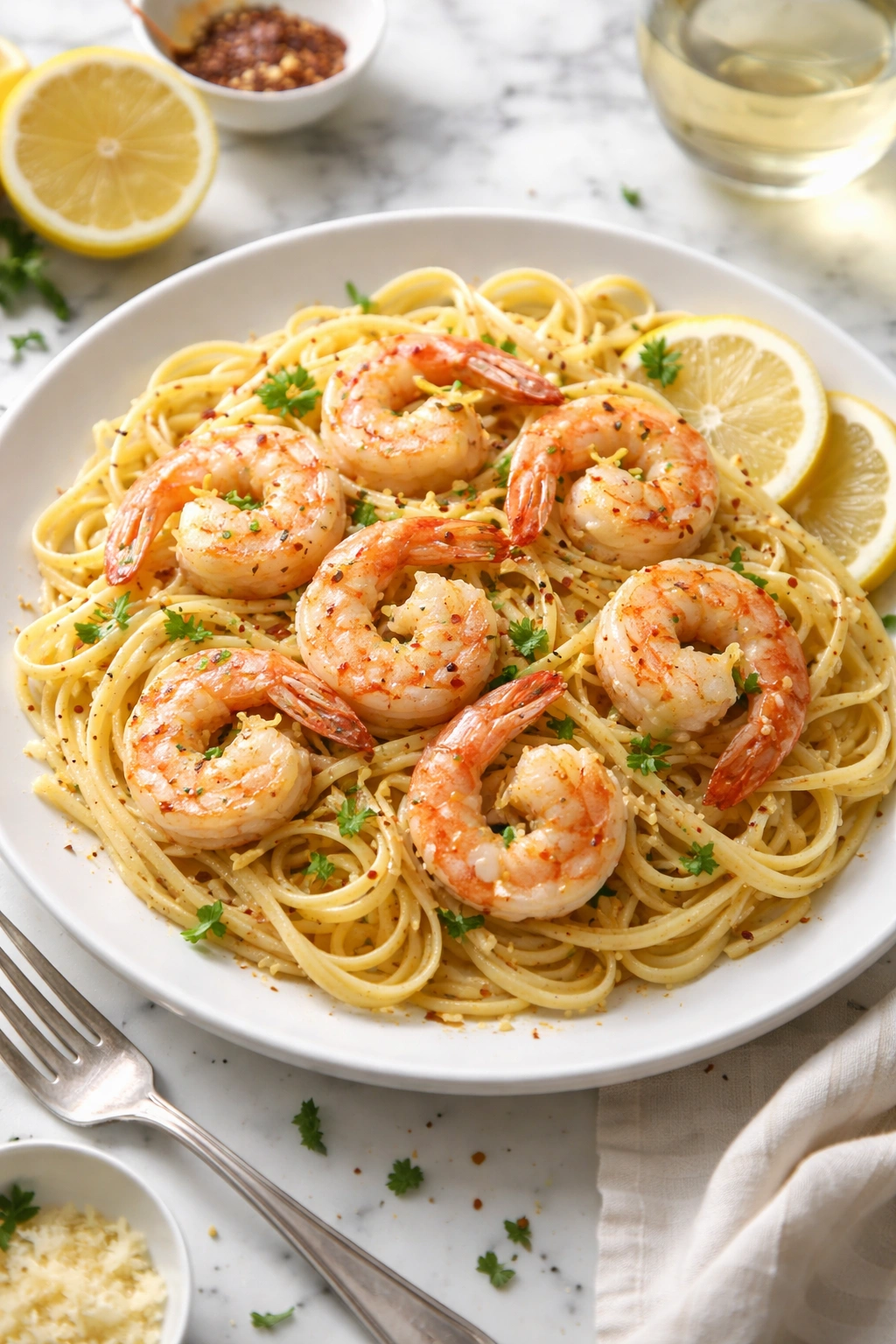 Shrimp scampi pasta in lemon butter sauce, close-up