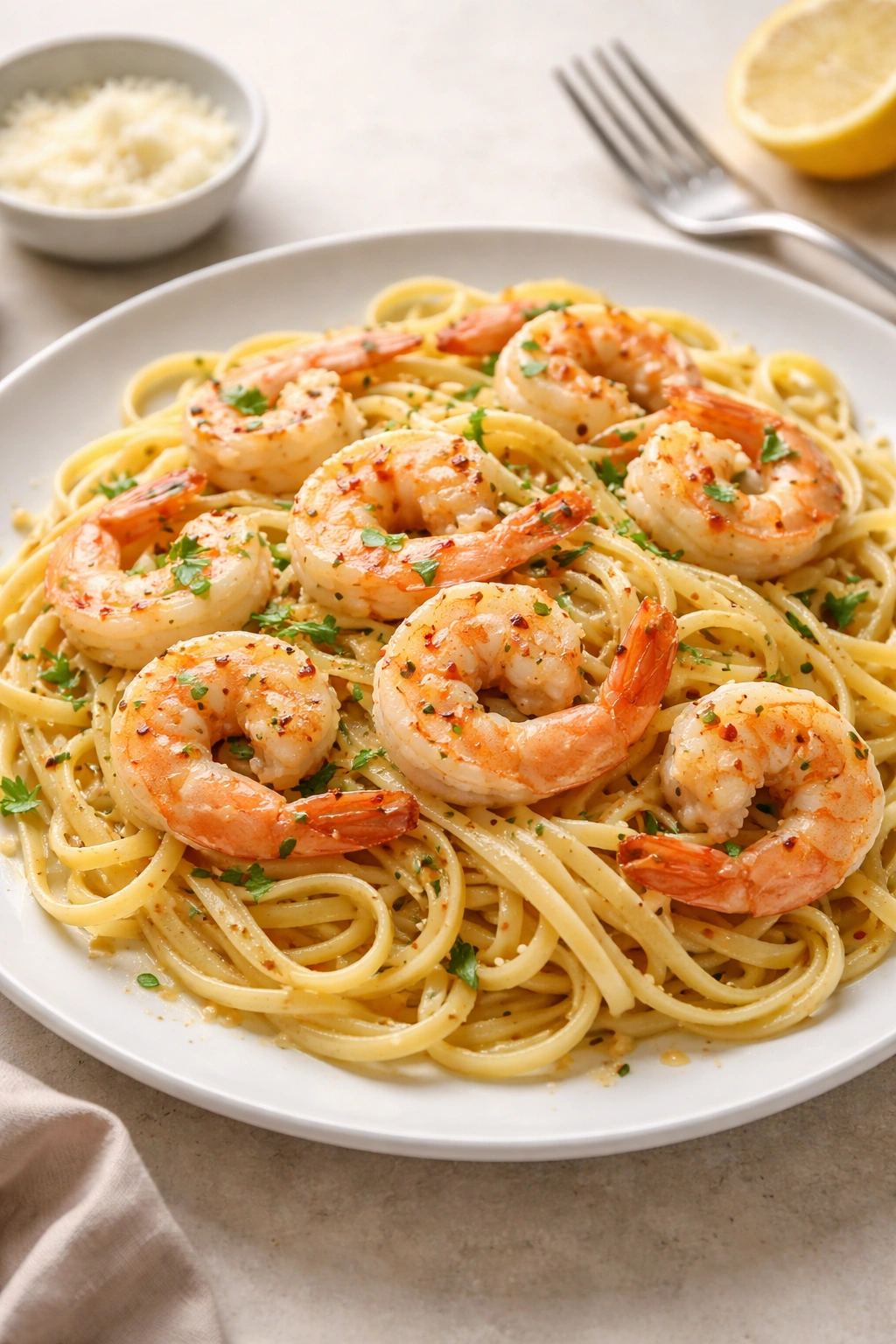 Classic shrimp scampi over linguine plated with garlic butter sauce