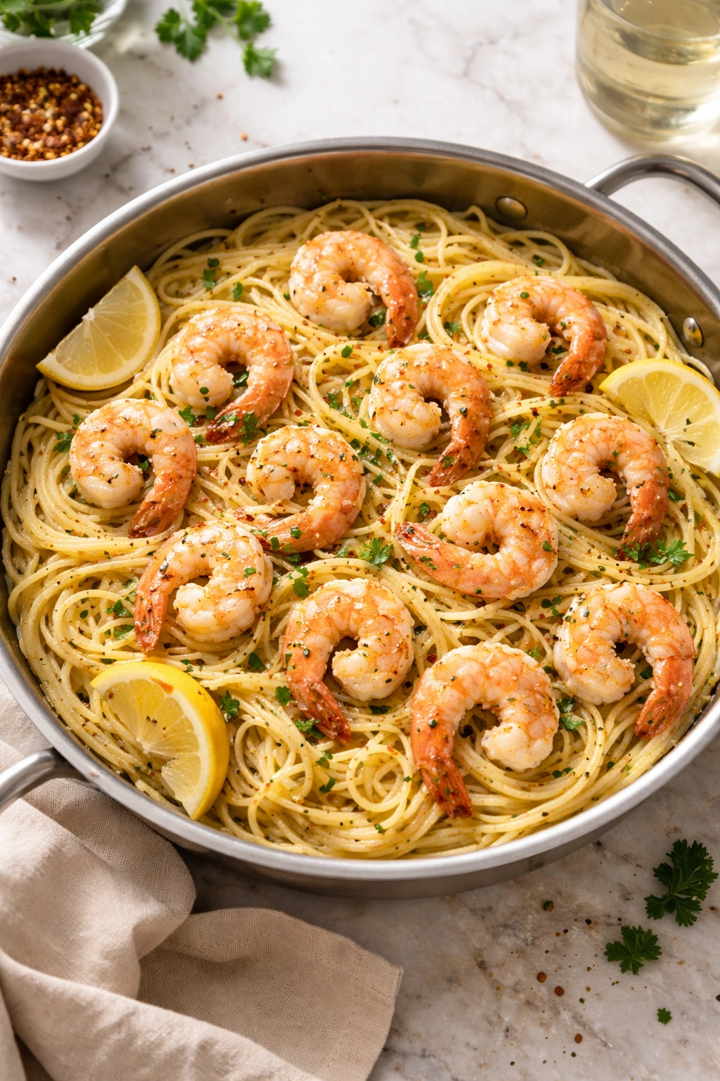 Shrimp scampi over pasta in a shallow pan