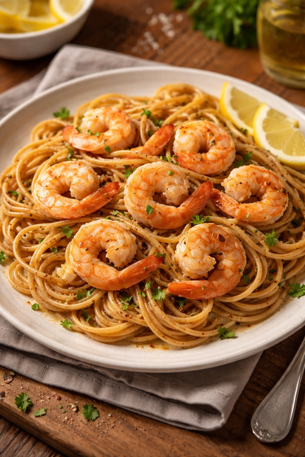 Shrimp scampi with whole wheat pasta on a plate