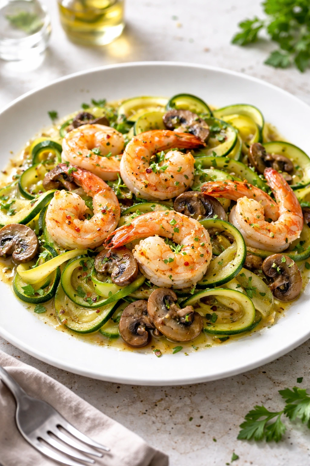 Shrimp scampi with zucchini and mushrooms plated for keto dinner