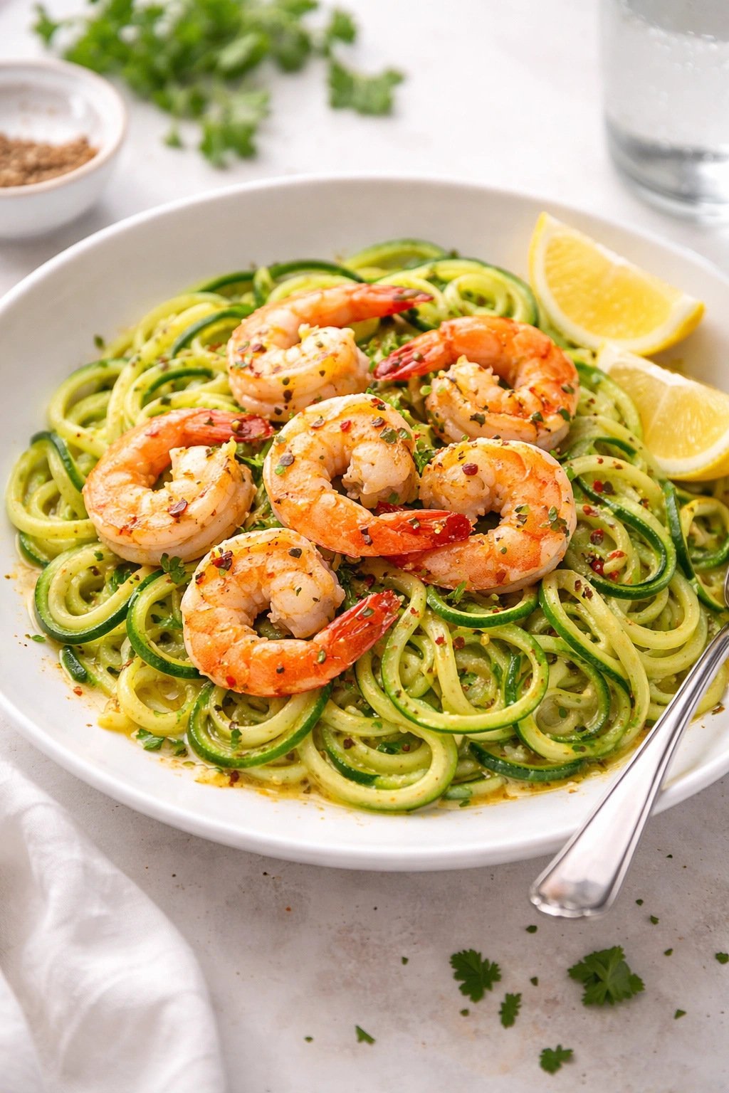 Shrimp scampi with zucchini noodles in garlic butter sauce