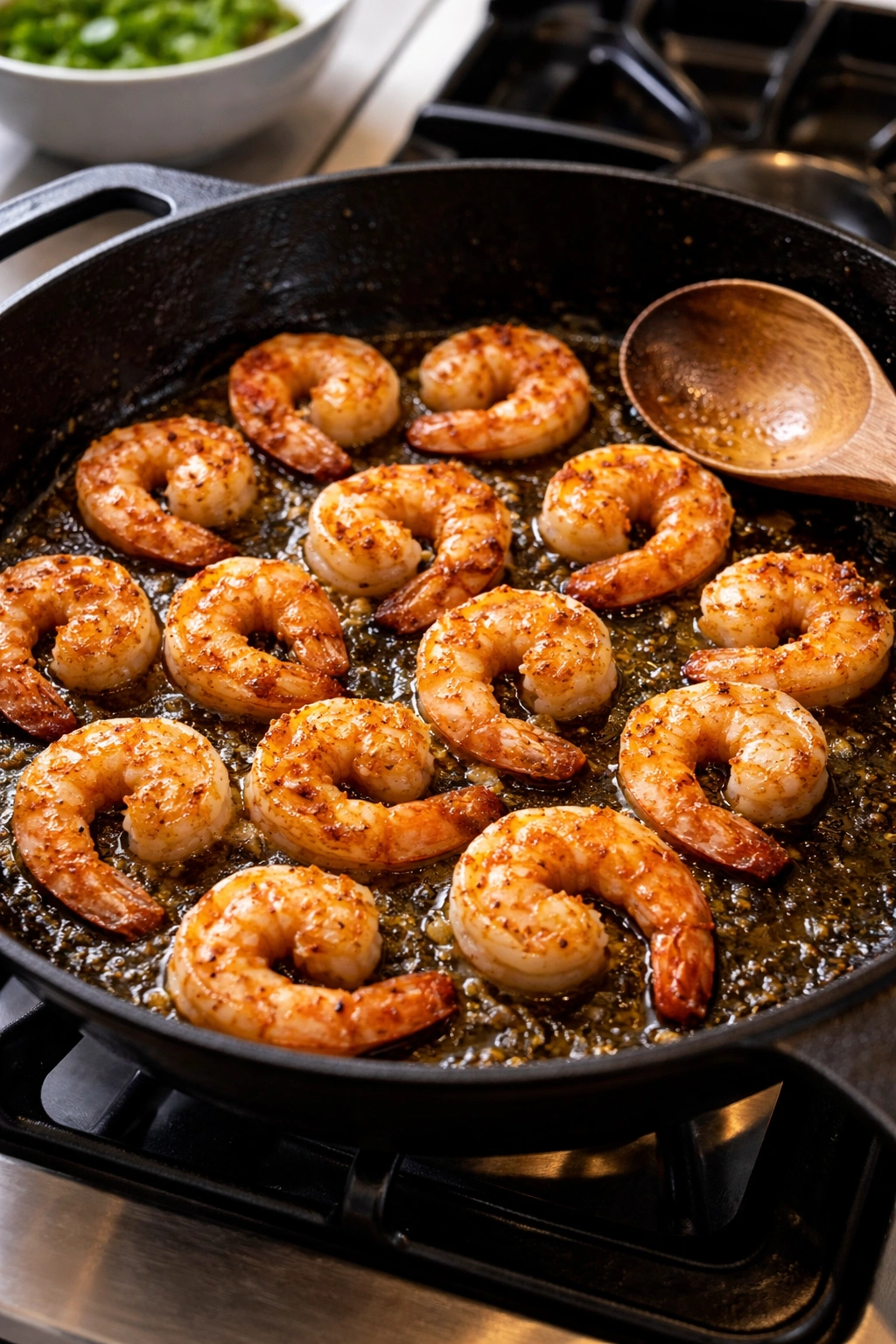 Shrimp cooking in a hot pan with sear marks