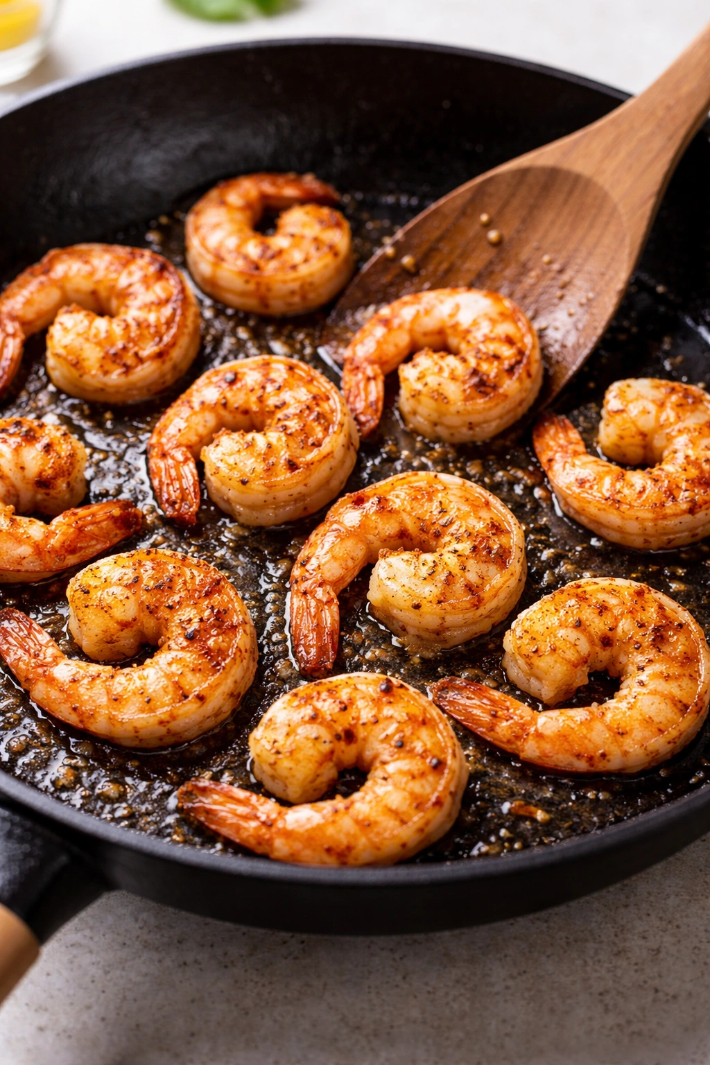 Dry shrimp searing in hot pan with spatula nearby