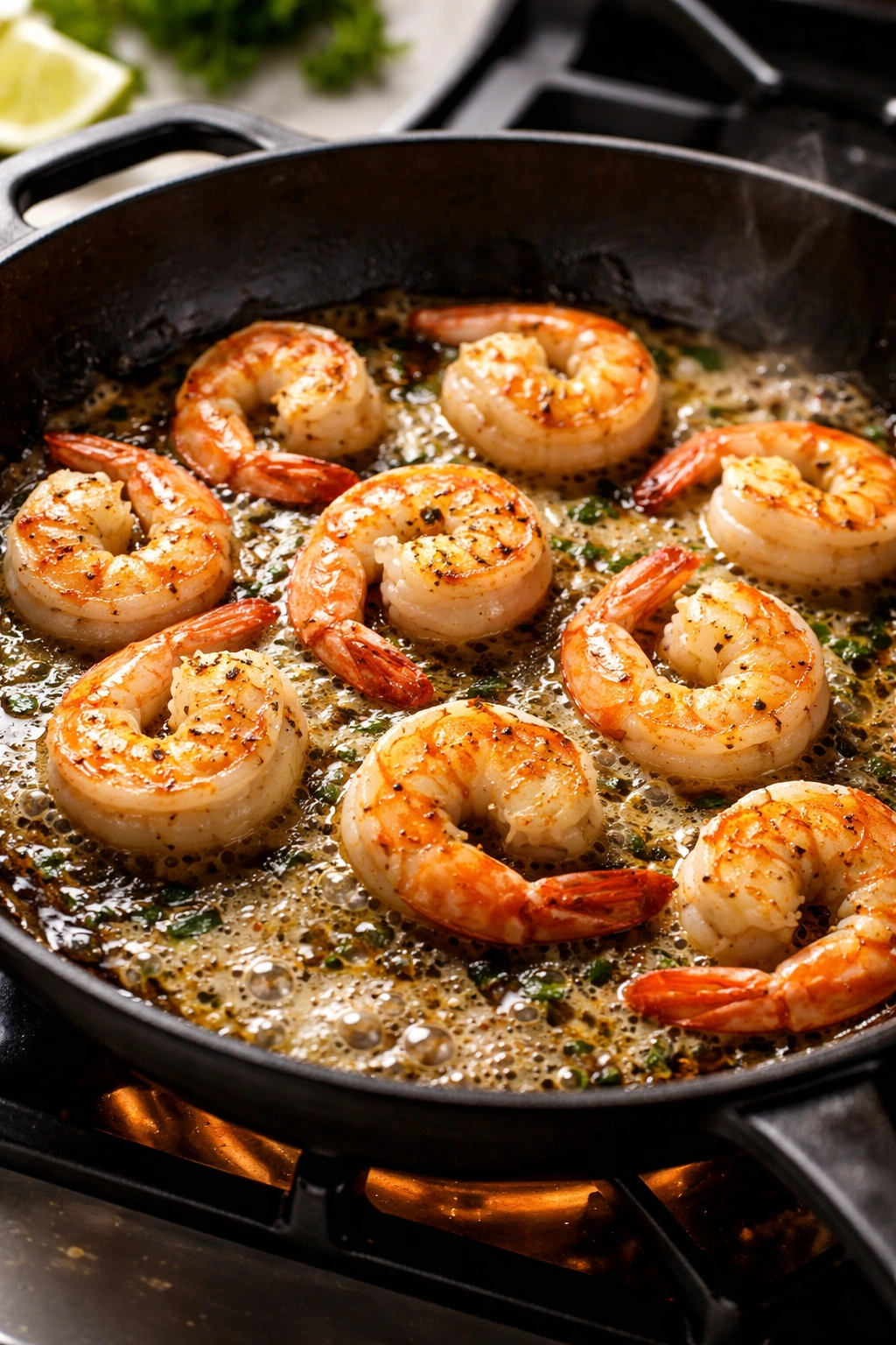 Close-up of shrimp searing in a butter-oil skillet with golden edges.